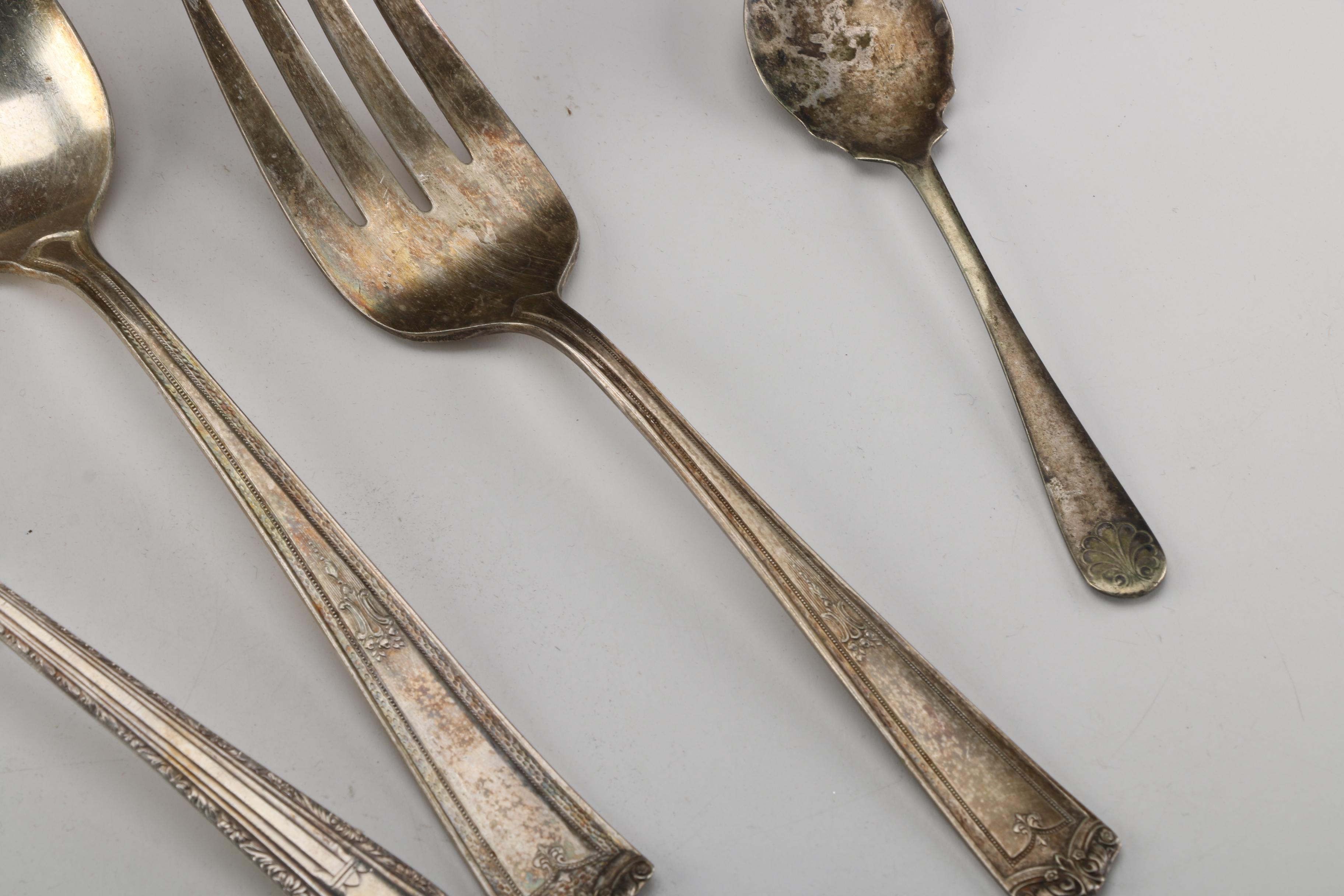 Rogers & Bros and Winfield Silver Plate Utensils and Wooden Storage Chest