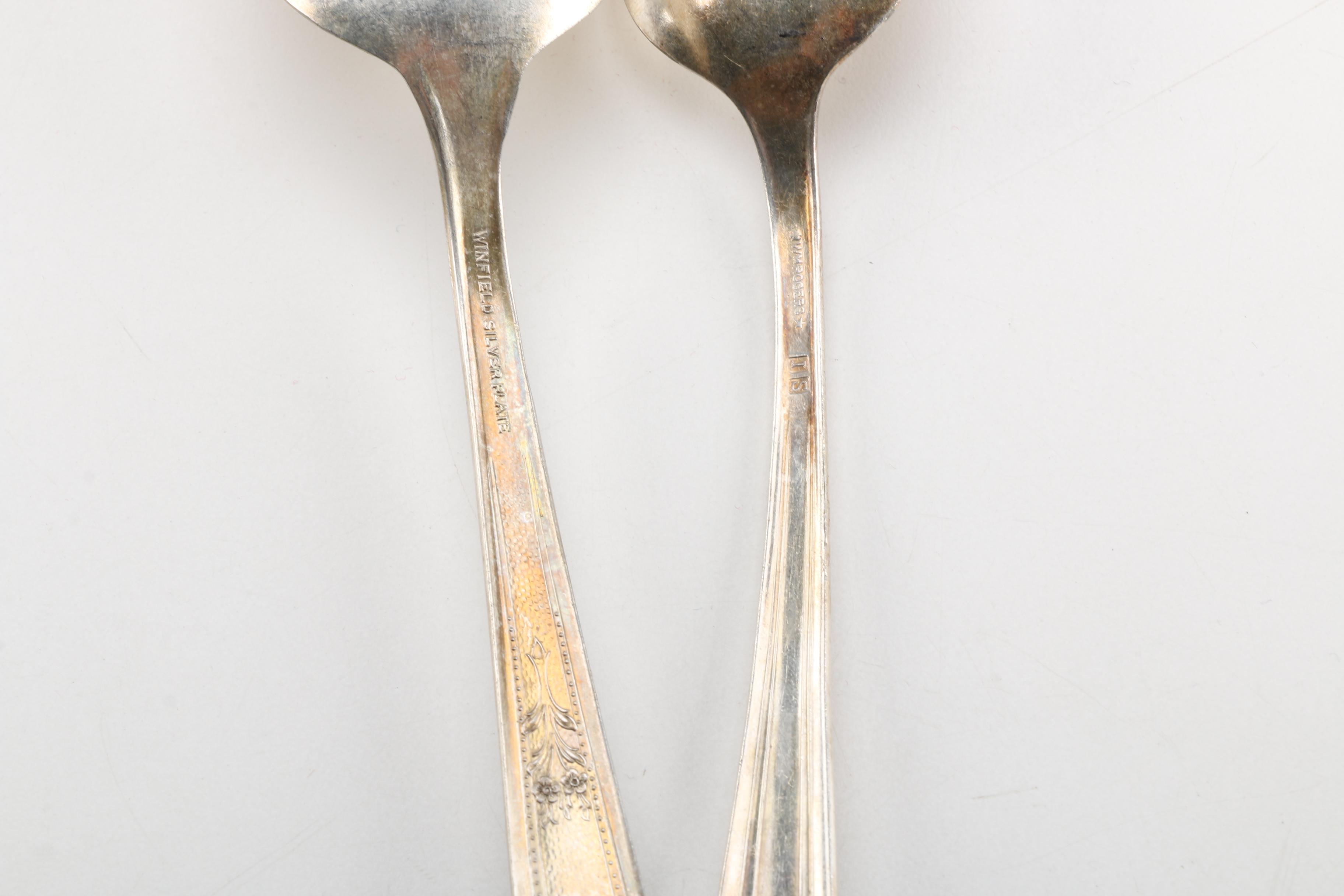 Rogers & Bros and Winfield Silver Plate Utensils and Wooden Storage Chest