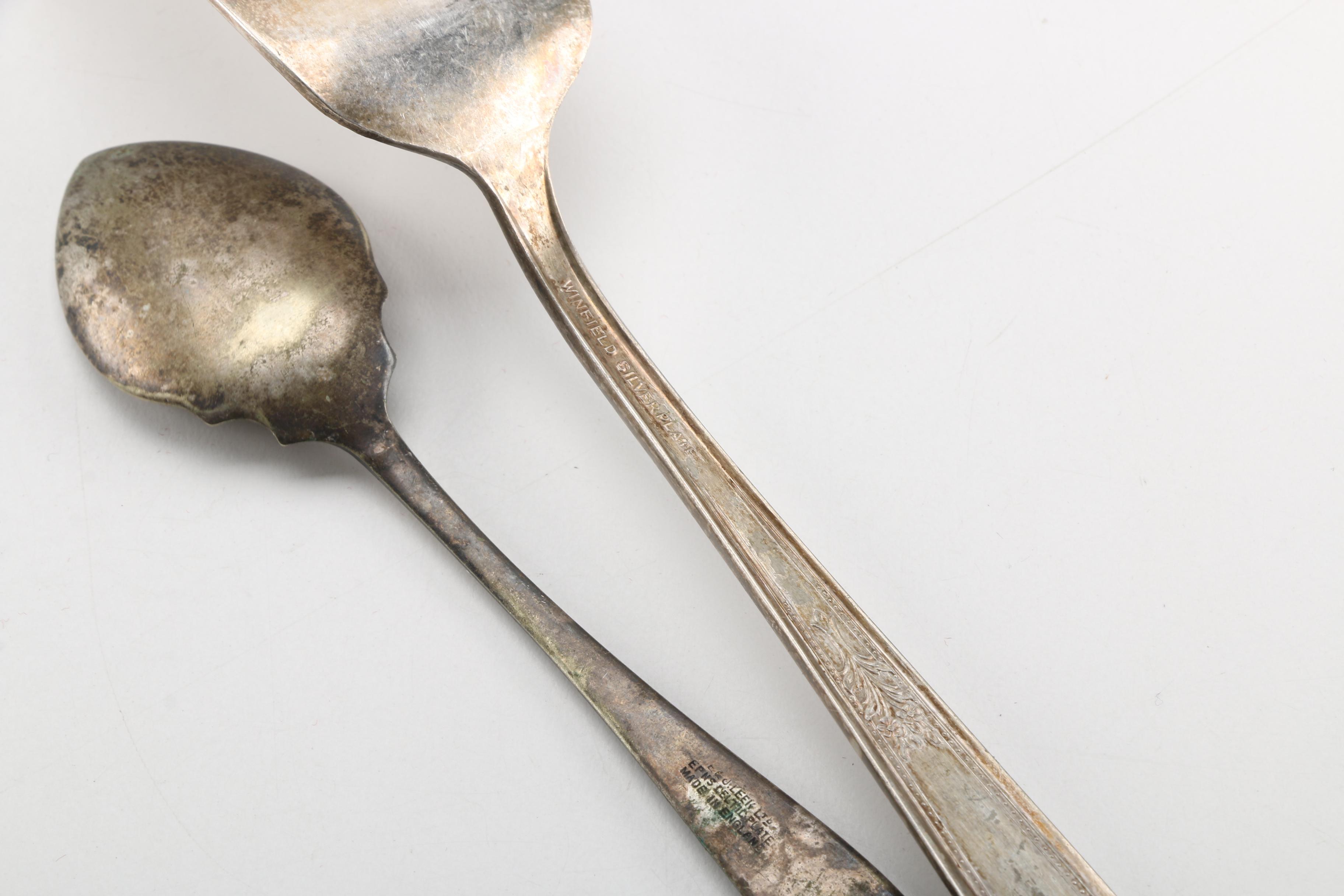 Rogers & Bros and Winfield Silver Plate Utensils and Wooden Storage Chest