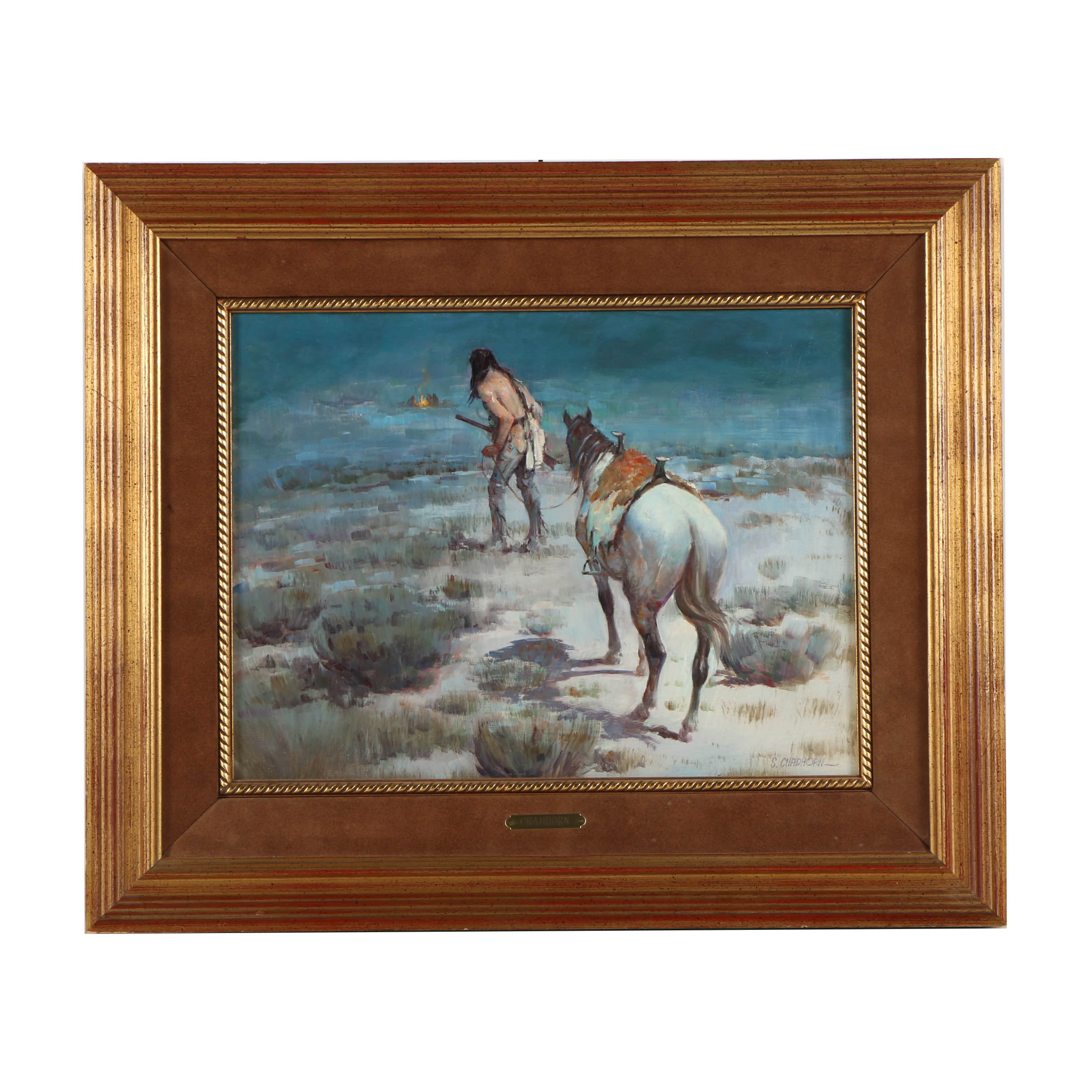Shep Chadhorn Oil Painting on Canvas "Indian & Horse Approaching a Campfire"