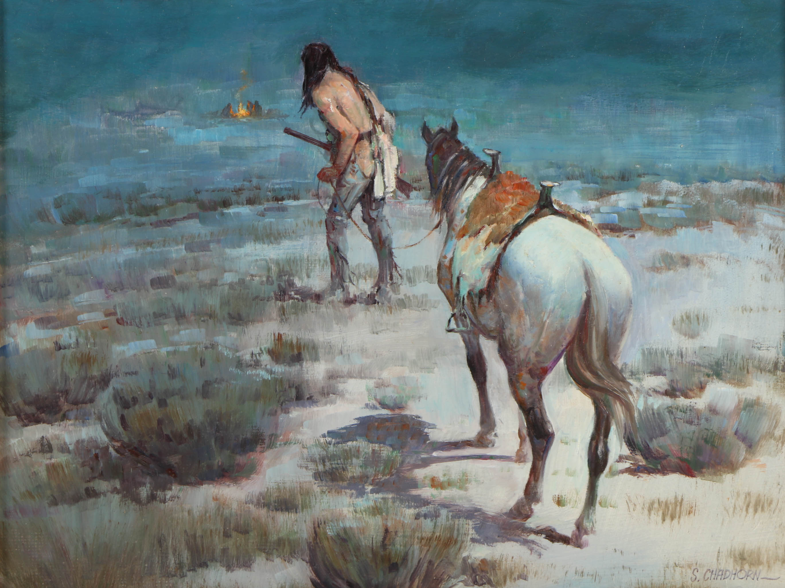 Shep Chadhorn Oil Painting on Canvas "Indian & Horse Approaching a Campfire"