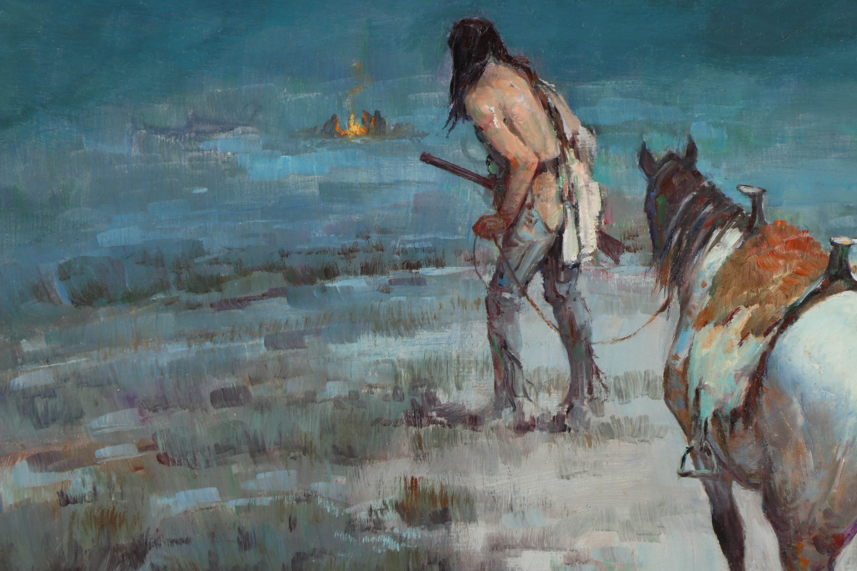 Shep Chadhorn Oil Painting on Canvas "Indian & Horse Approaching a Campfire"