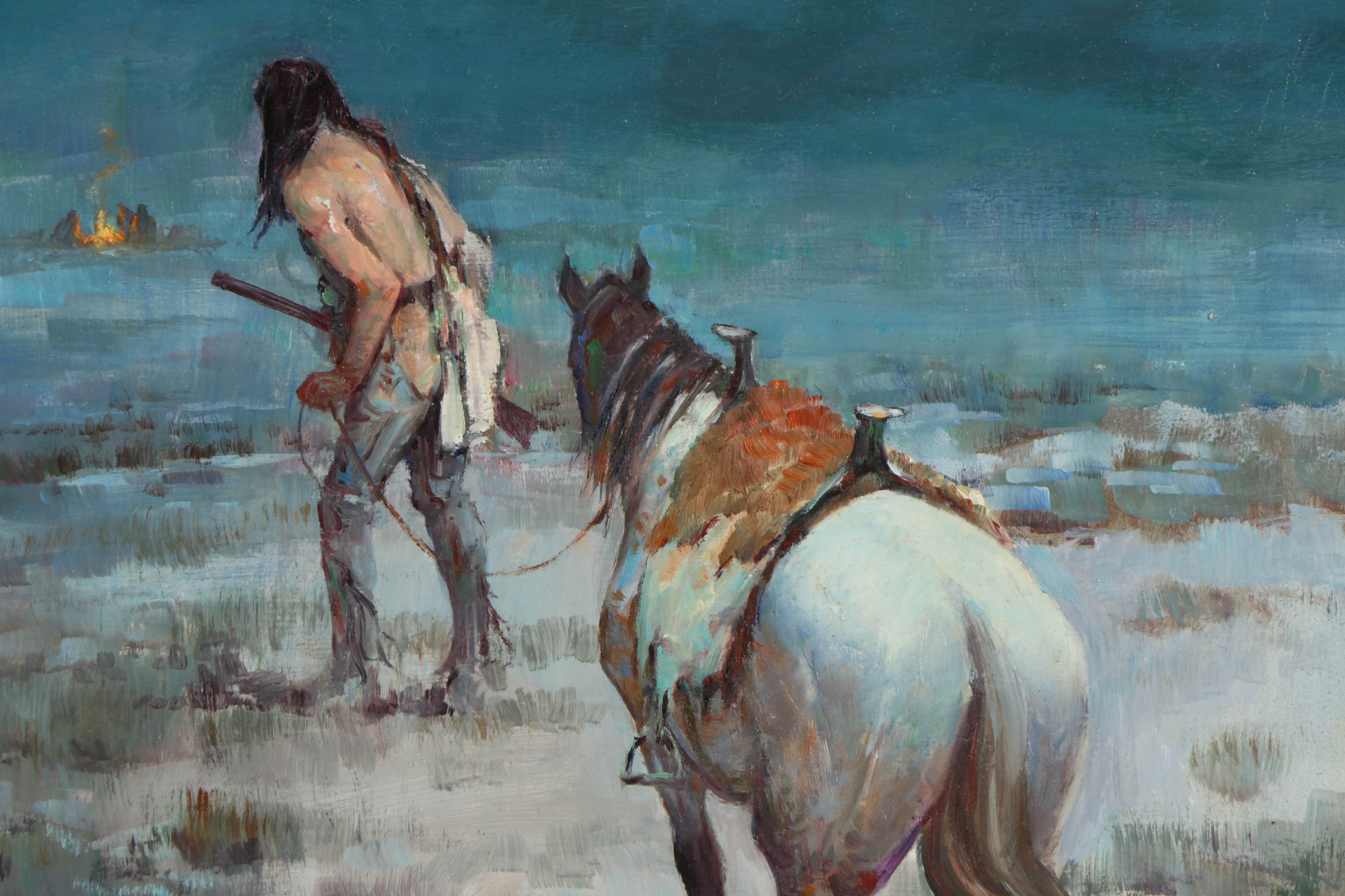 Shep Chadhorn Oil Painting on Canvas "Indian & Horse Approaching a Campfire"