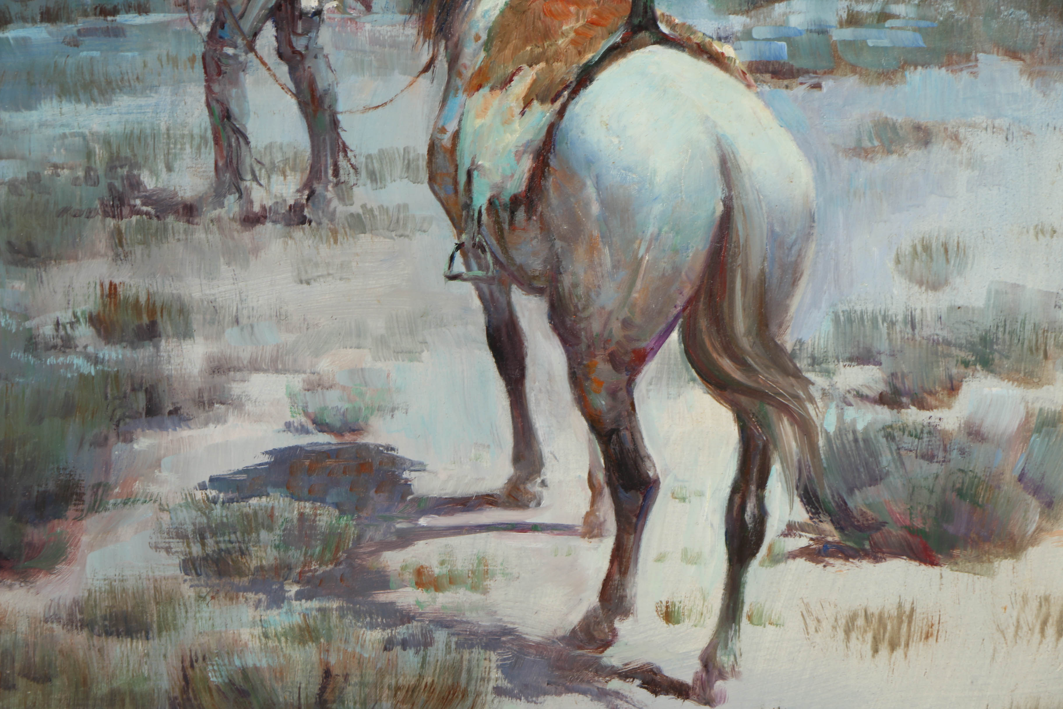 Shep Chadhorn Oil Painting on Canvas "Indian & Horse Approaching a Campfire"