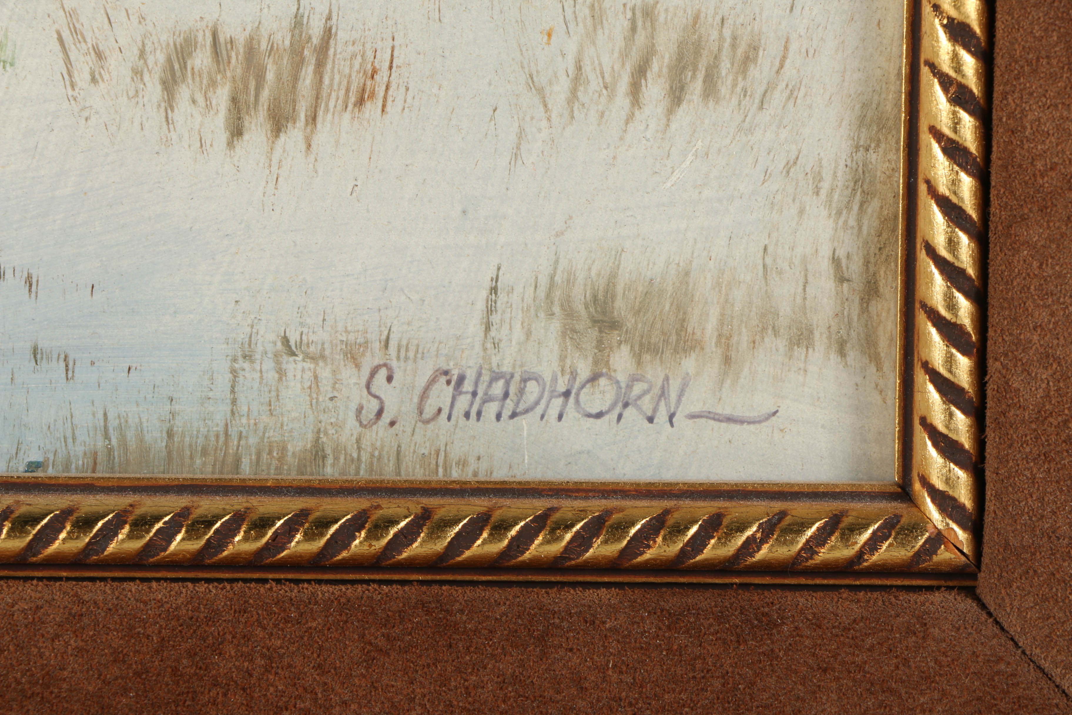 Shep Chadhorn Oil Painting on Canvas "Indian & Horse Approaching a Campfire"