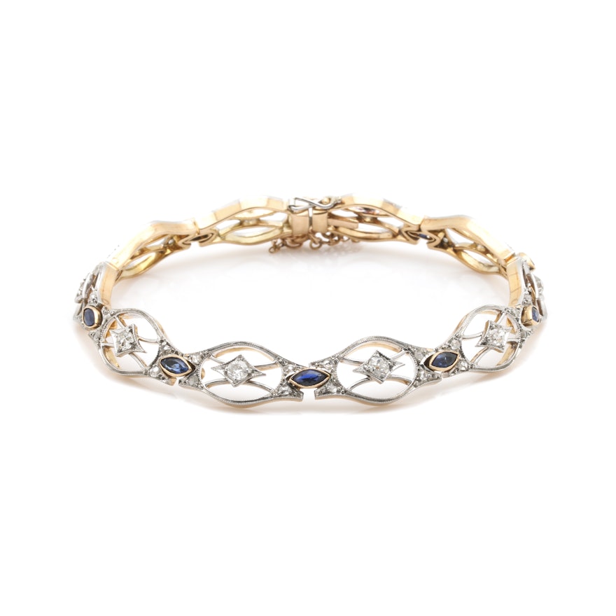 Platinum and 18K Yellow Gold Blue Sapphire and 1.18 CTW Diamond Bracelet