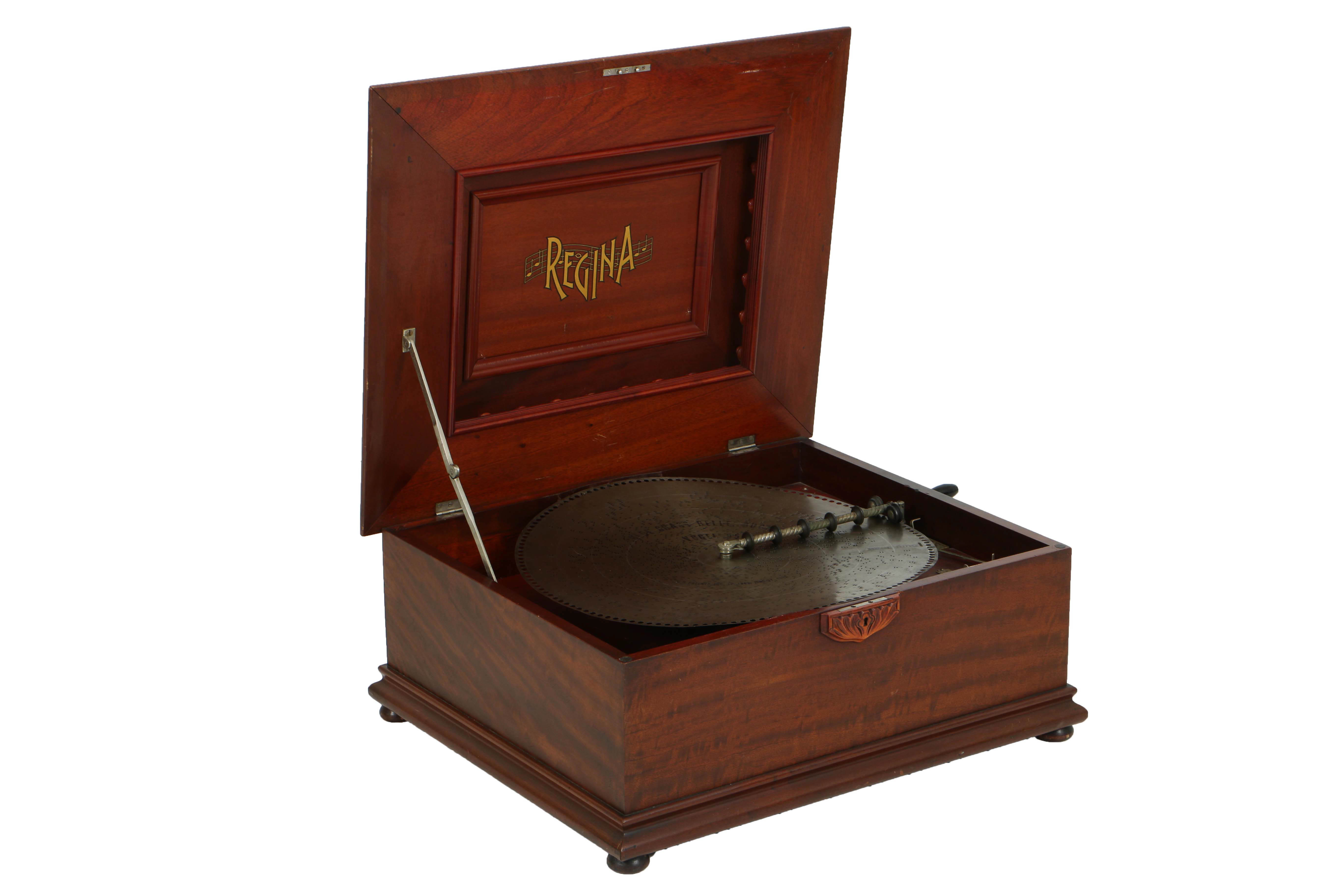 Rare 1890's Regina 20.75" Mahogany Music Player with Cupola Top and Fifty Discs