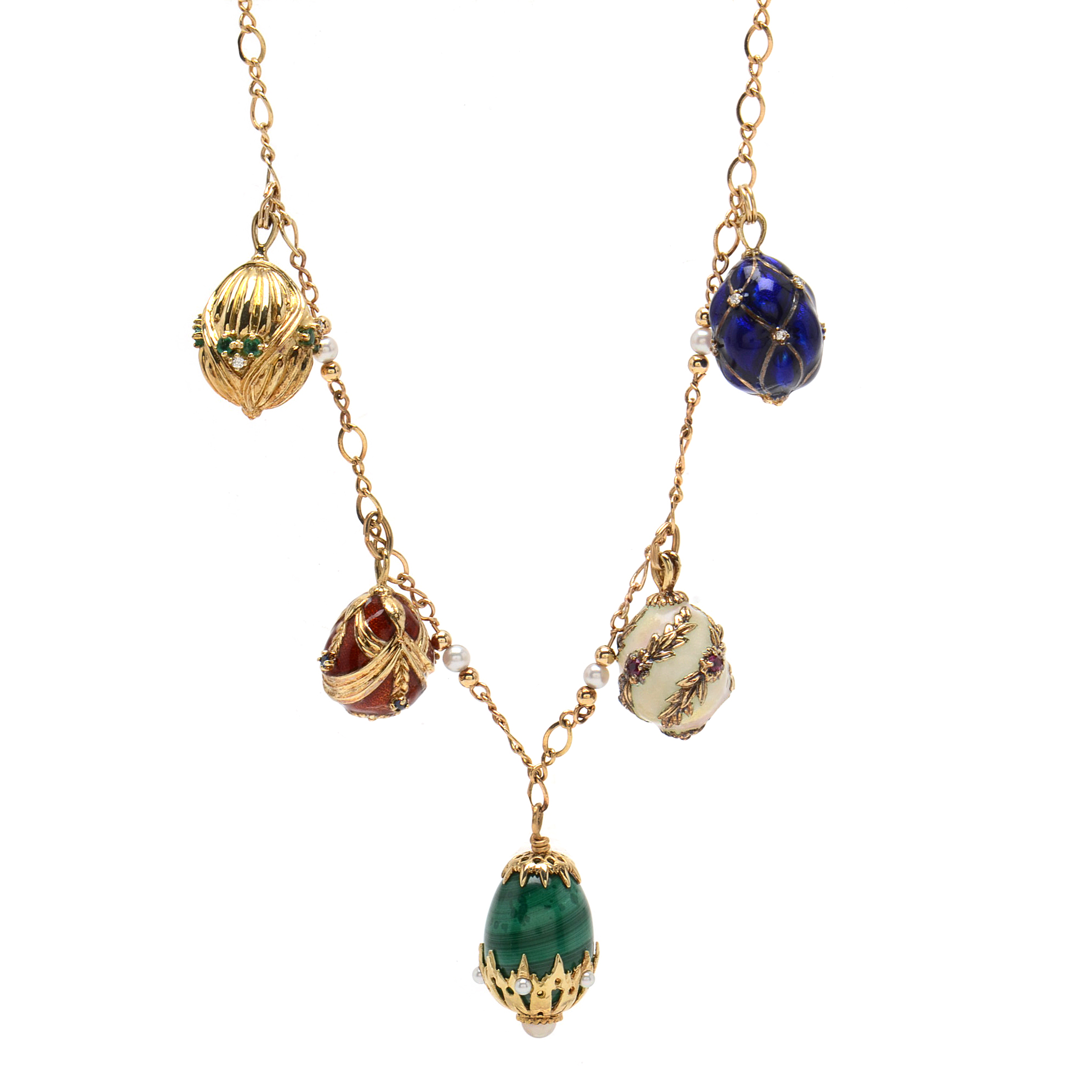 "House of Igor Carl Fabergé" 14K Yellow Gold Gemstone Fabergé Egg Necklace