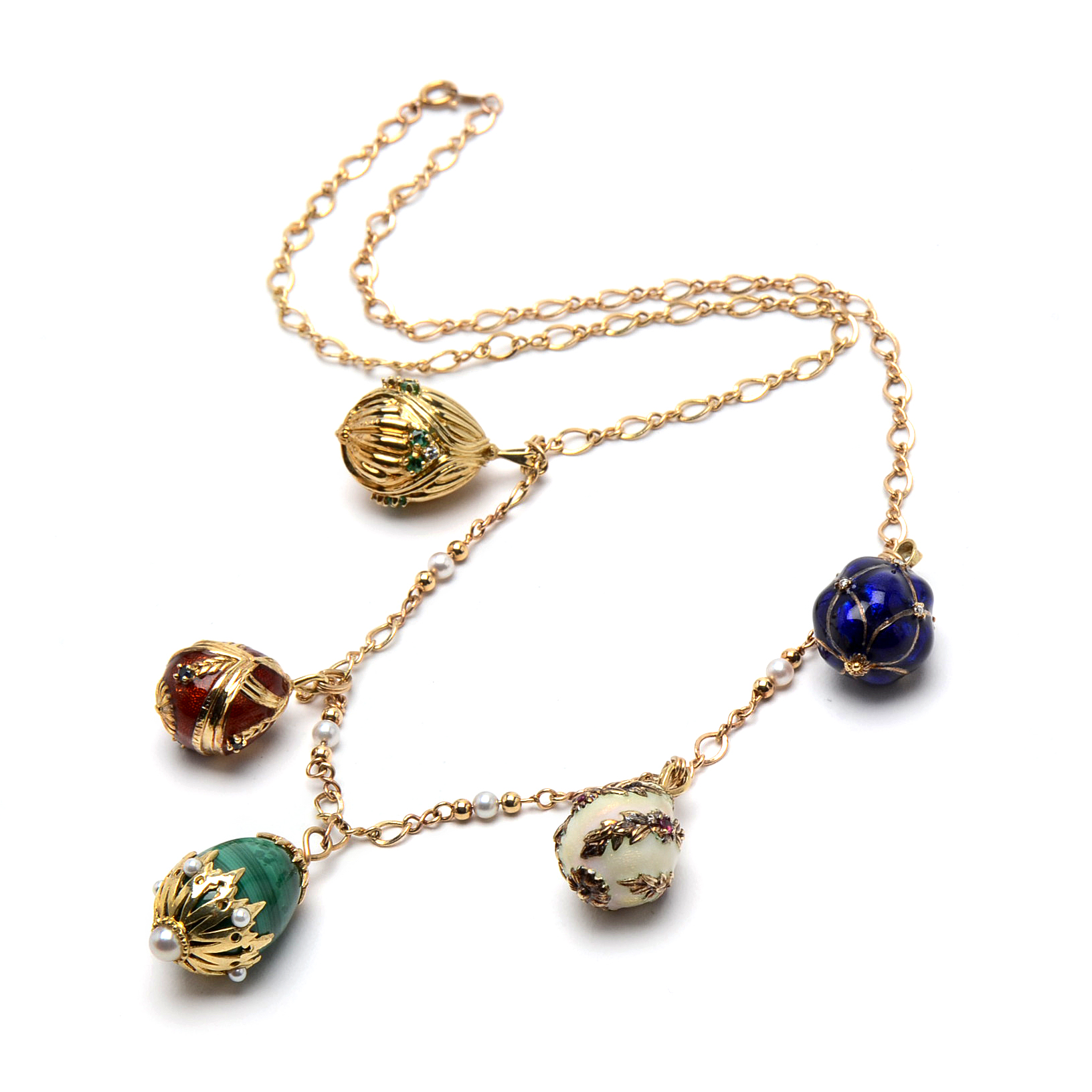 "House of Igor Carl Fabergé" 14K Yellow Gold Gemstone Fabergé Egg Necklace