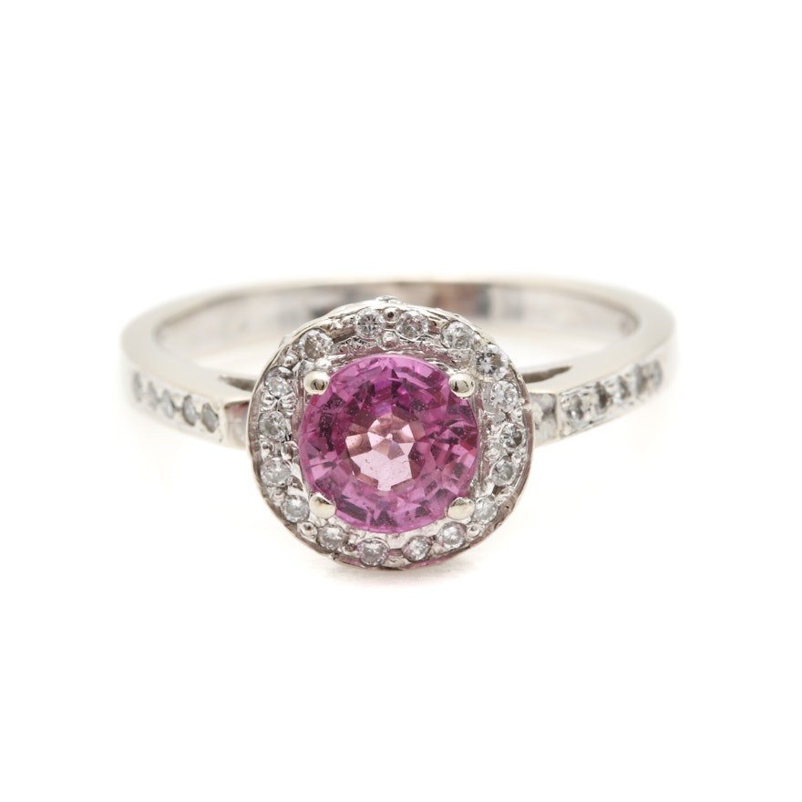 14K White Gold Pink Sapphire and Diamond Ring