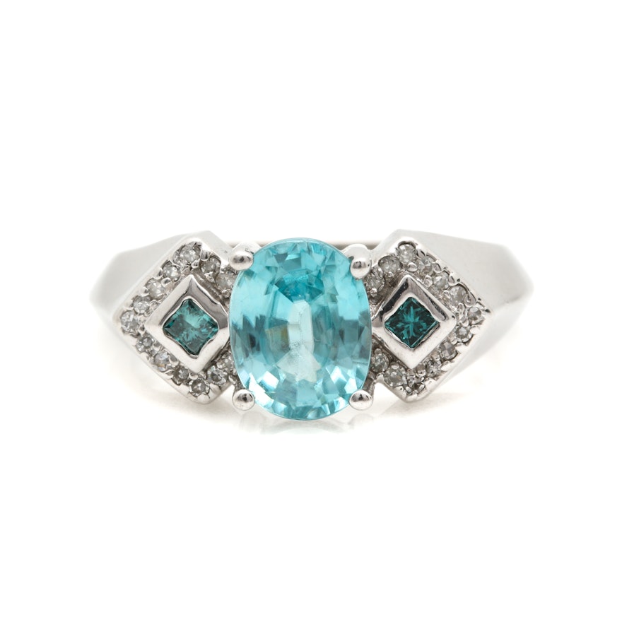 14K White Gold 2.40 CT Zircon and Diamond Ring