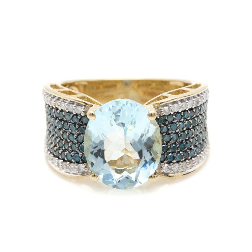 14K Yellow Gold Aquamarine and 1.22 CTW Diamond Ring