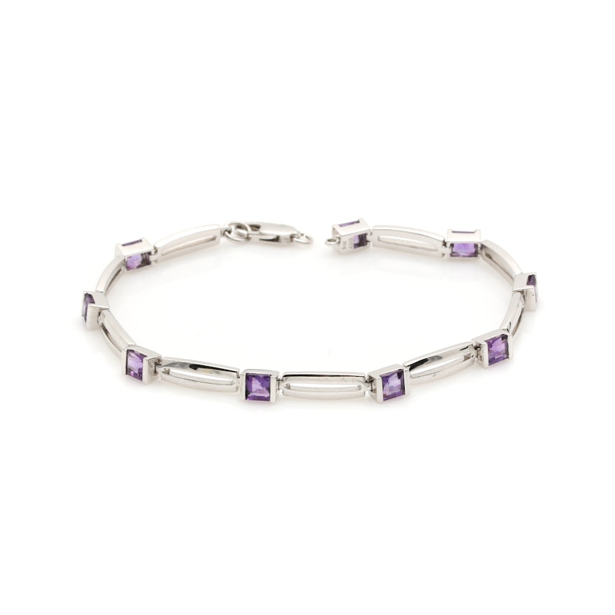 14K White Gold Amethyst Link Bracelet