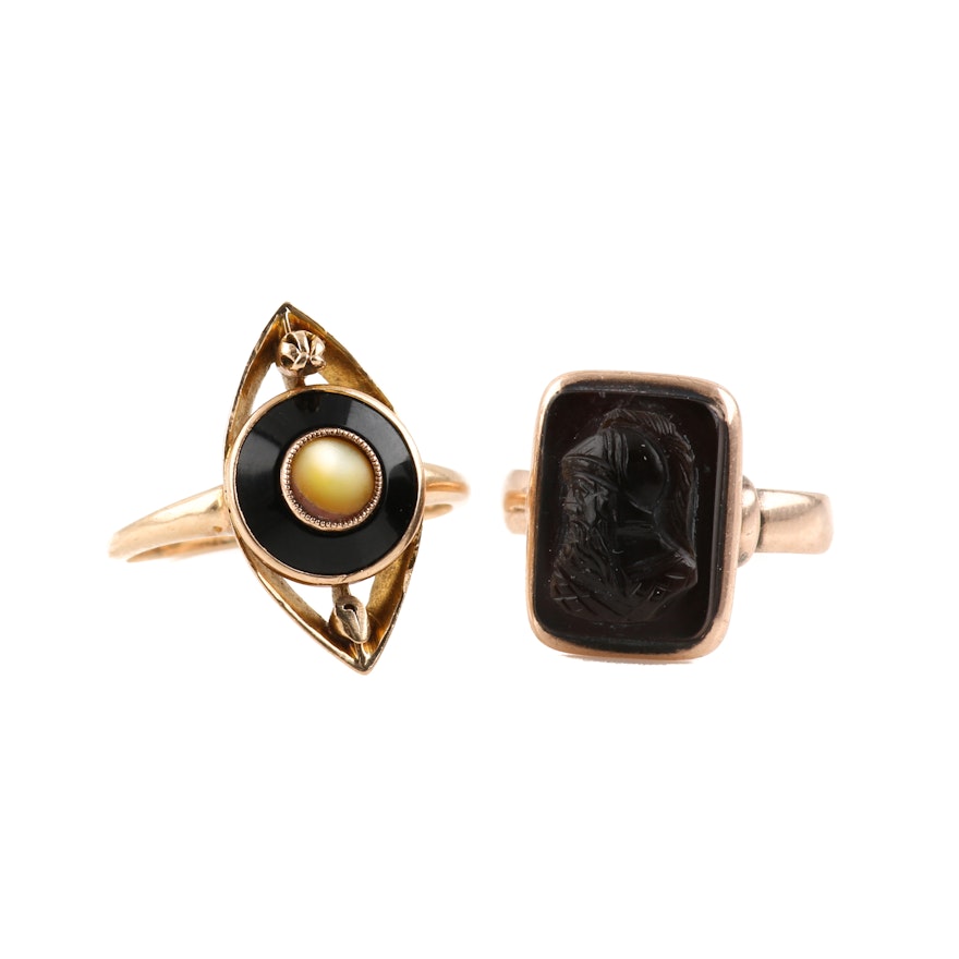 10K Yellow Gold Rings Including Onyx and Mother of Pearl