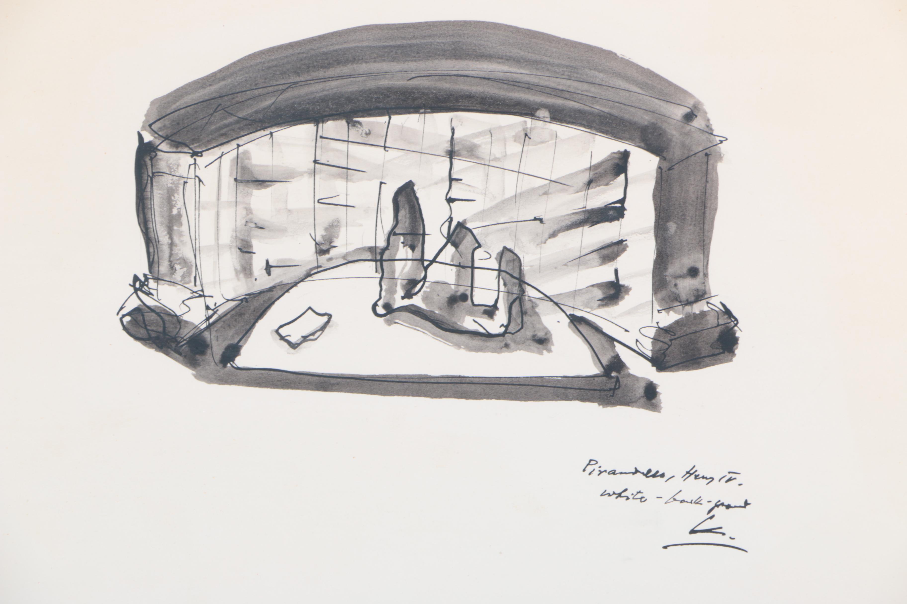Frederick J. Kiesler Ink Sketches of Set Designs for Pirandello's "Henry IV"