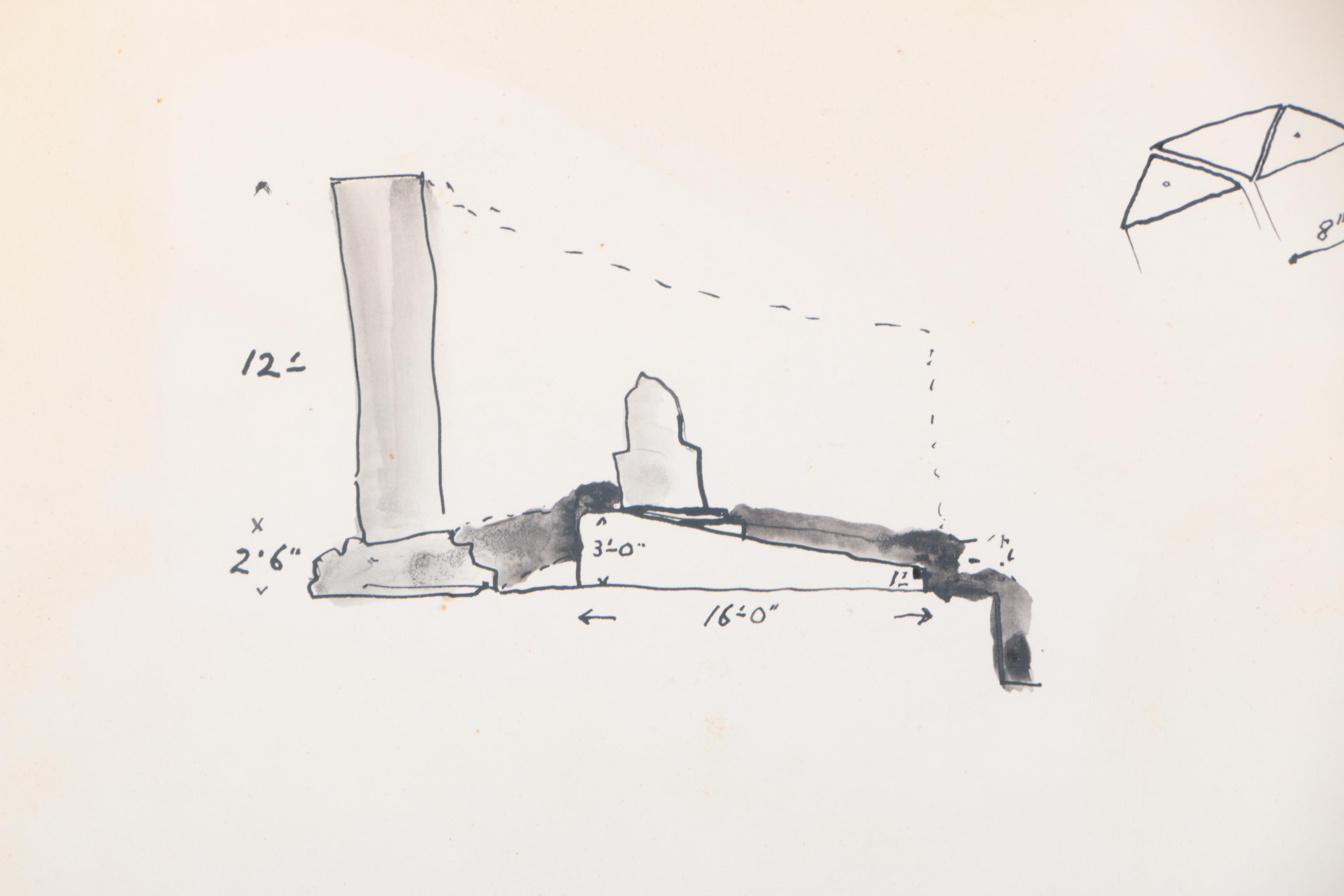 Frederick J. Kiesler Ink Sketches of Set Designs for Pirandello's "Henry IV"