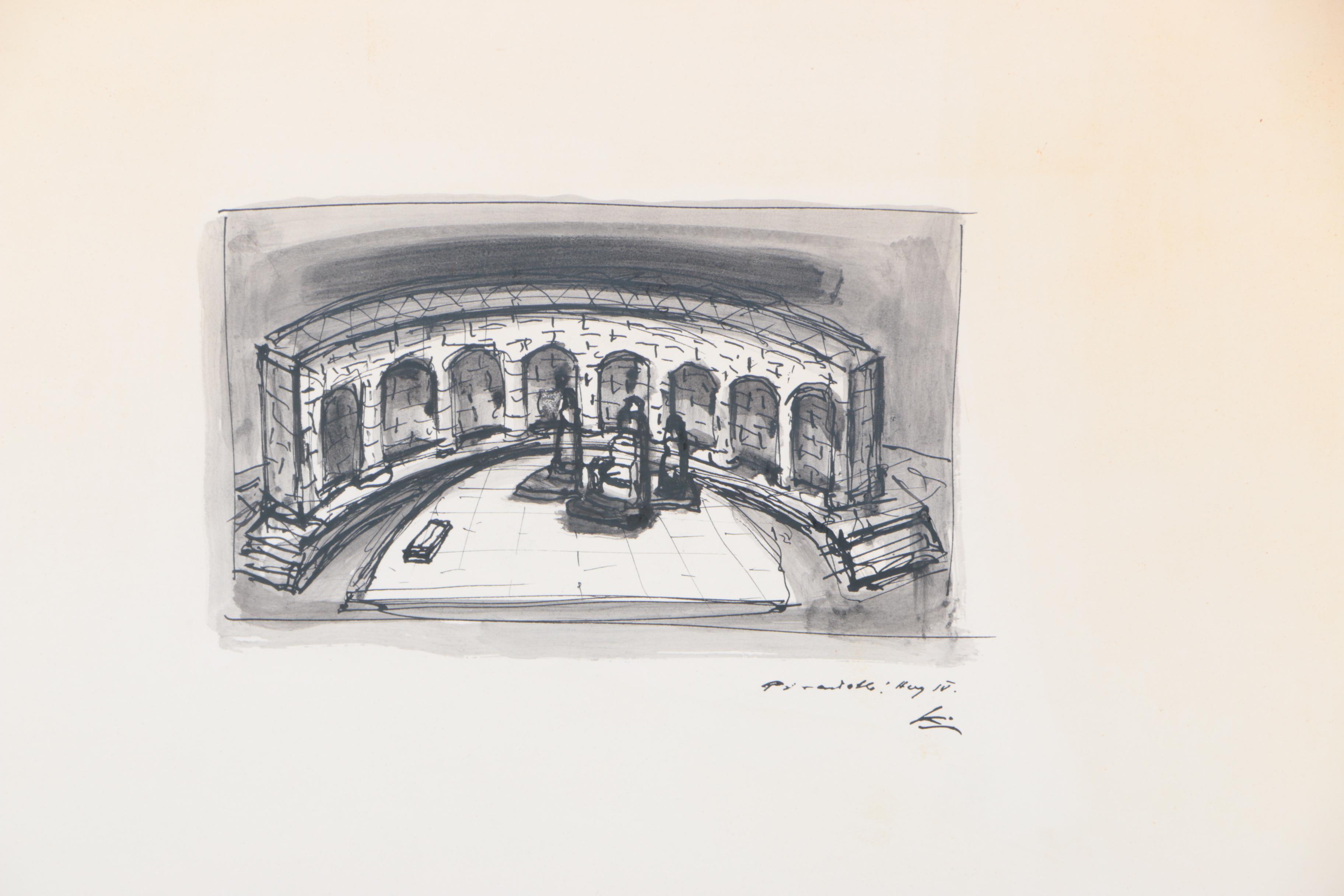 Frederick J. Kiesler Ink Sketches of Set Designs for Pirandello's "Henry IV"