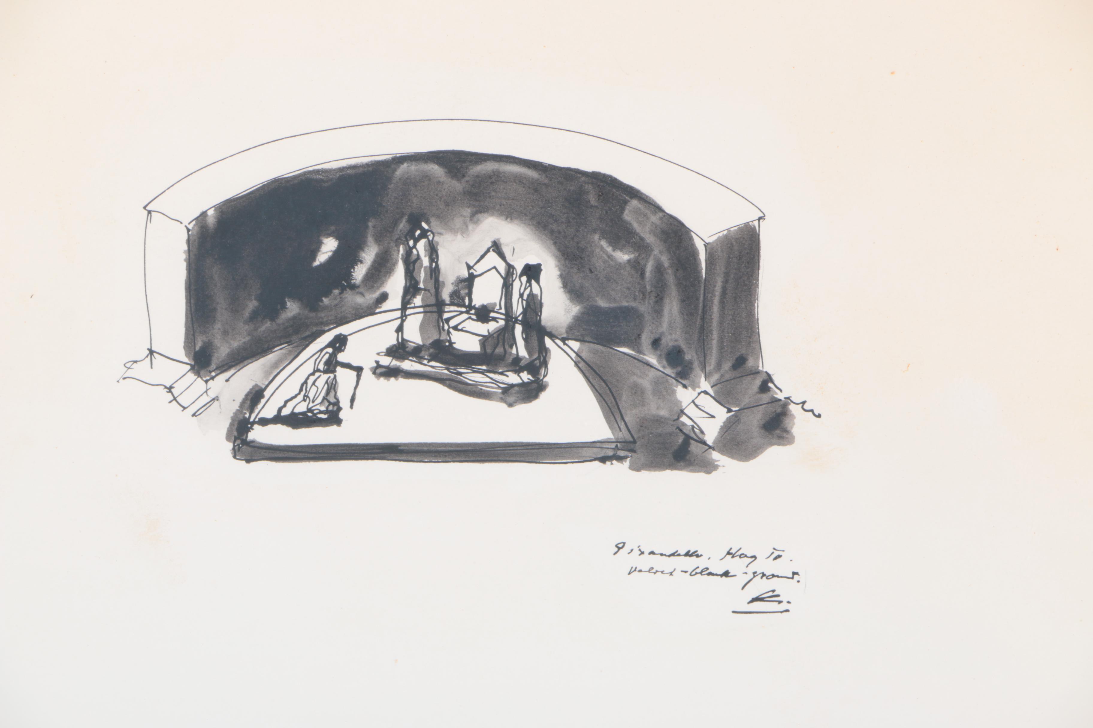 Frederick J. Kiesler Ink Sketches of Set Designs for Pirandello's "Henry IV"