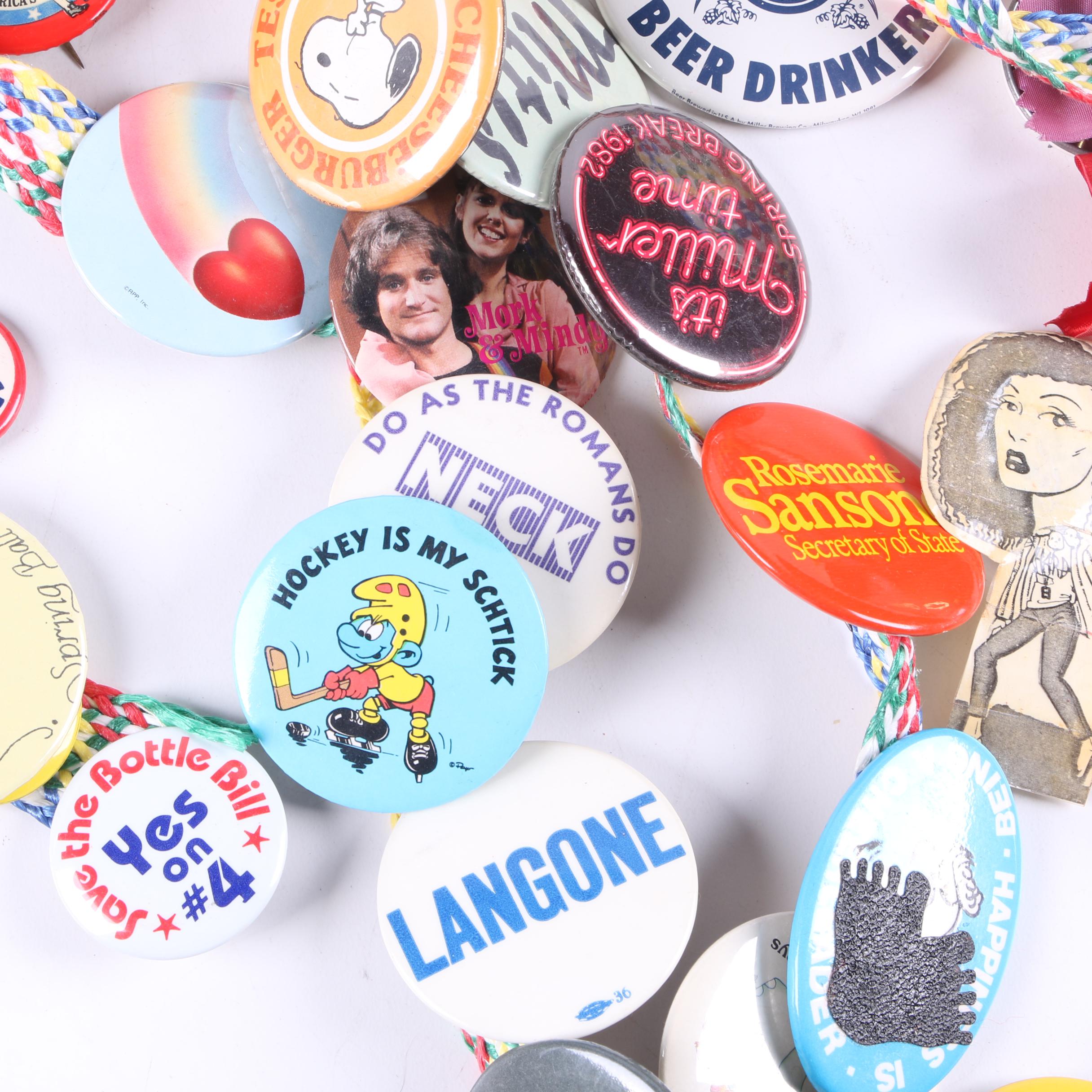 Vintage Pinback Buttons Including Political, Disney, Miller Brewing And More