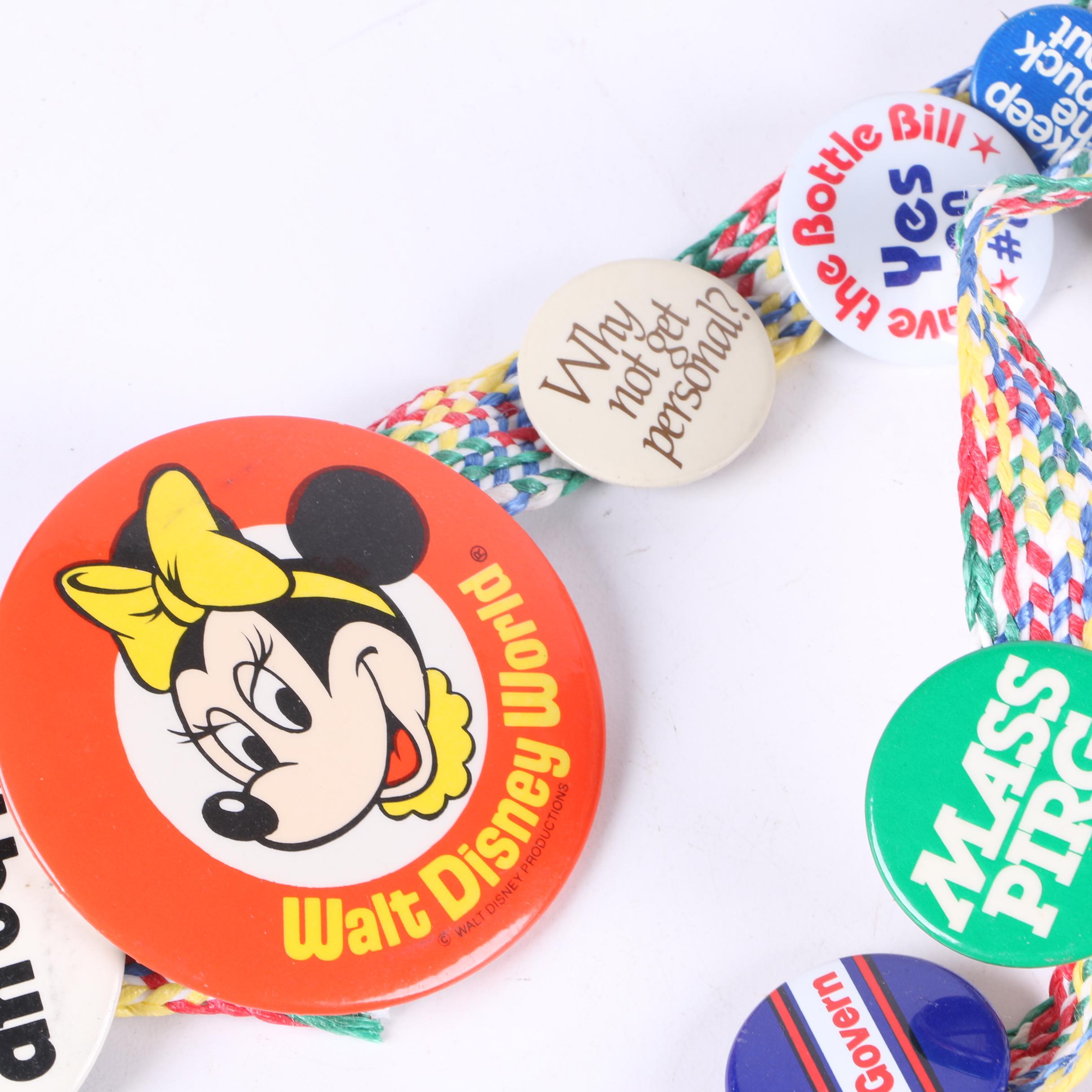 Vintage Pinback Buttons Including Political, Disney, Miller Brewing And More