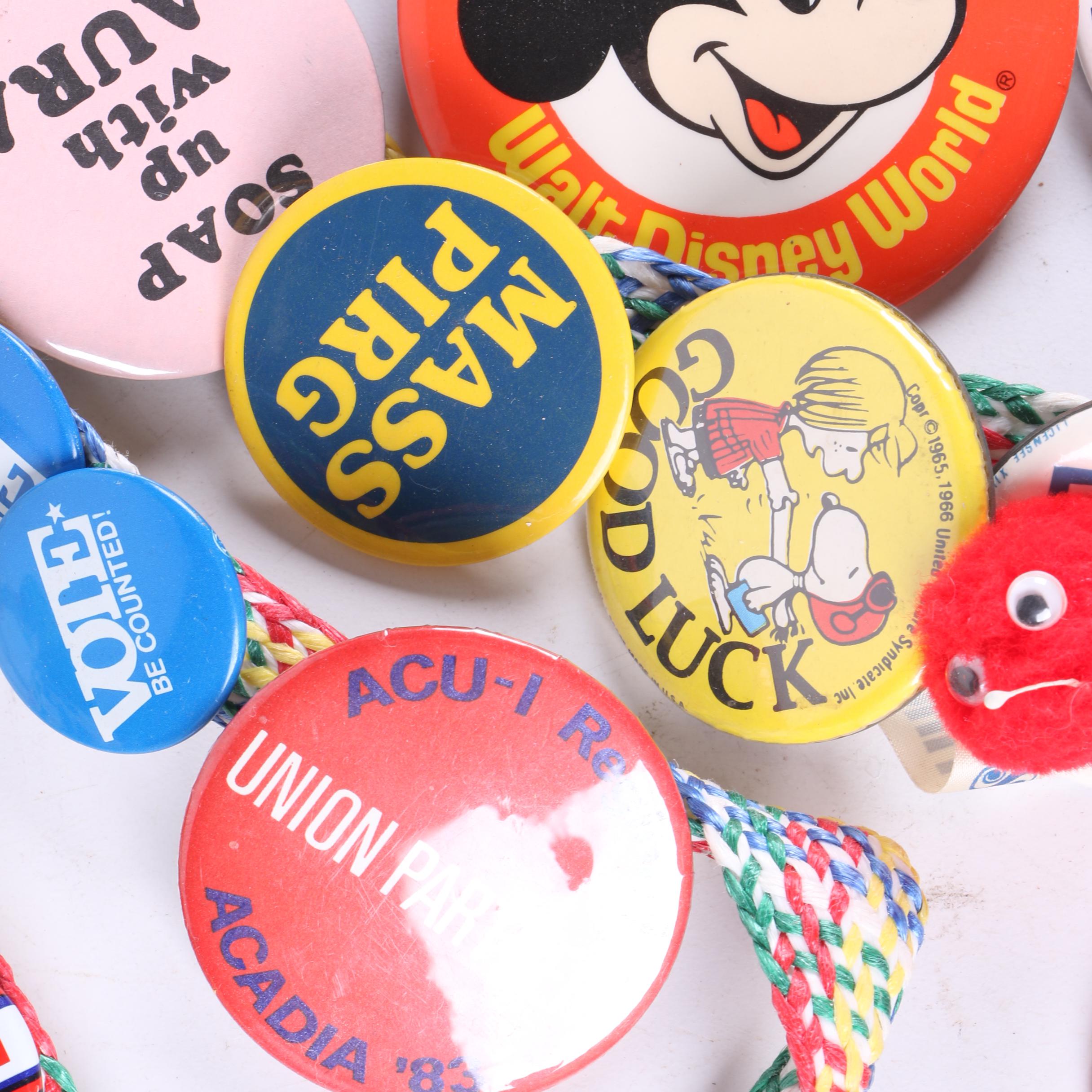 Vintage Pinback Buttons Including Political, Disney, Miller Brewing And More