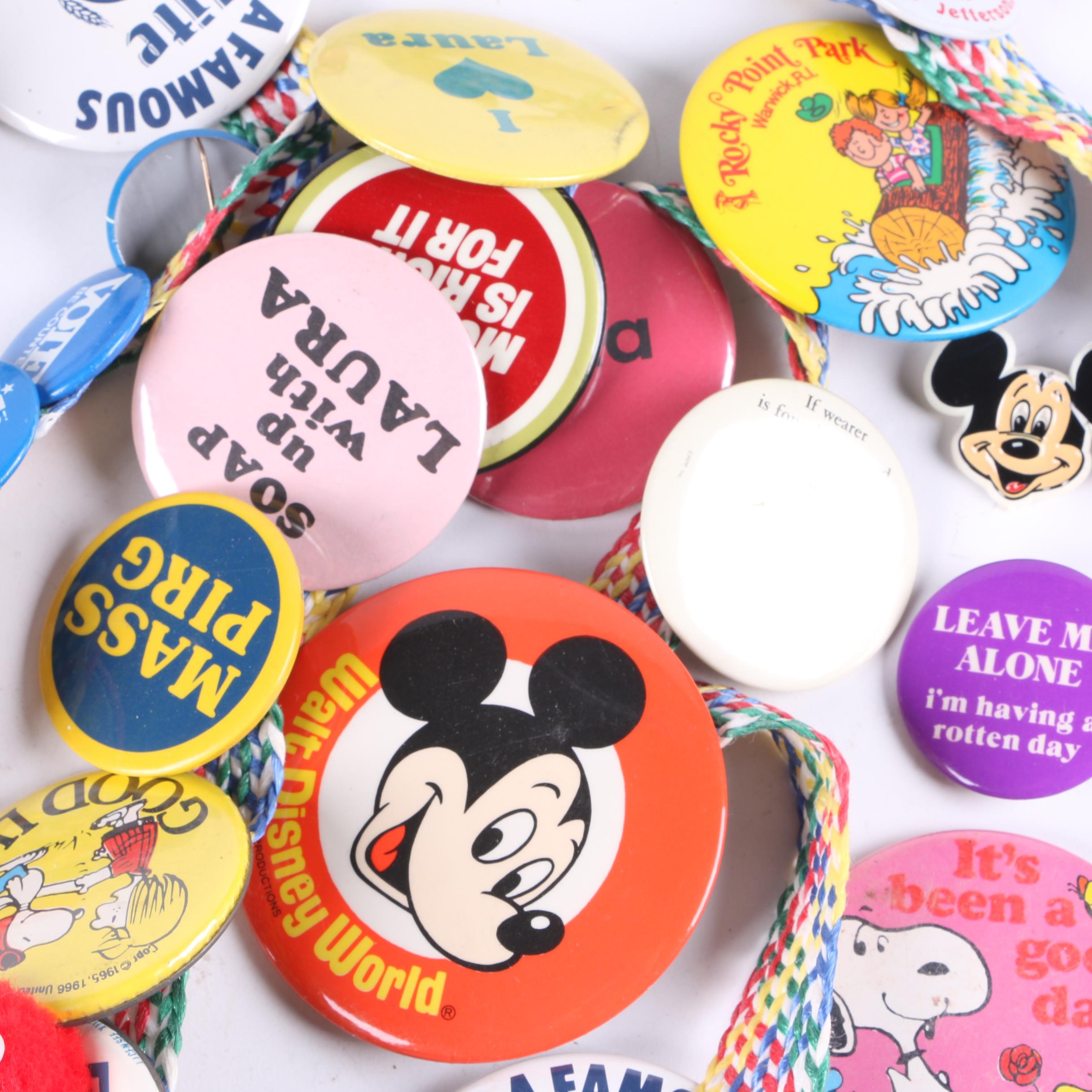 Vintage Pinback Buttons Including Political, Disney, Miller Brewing And More