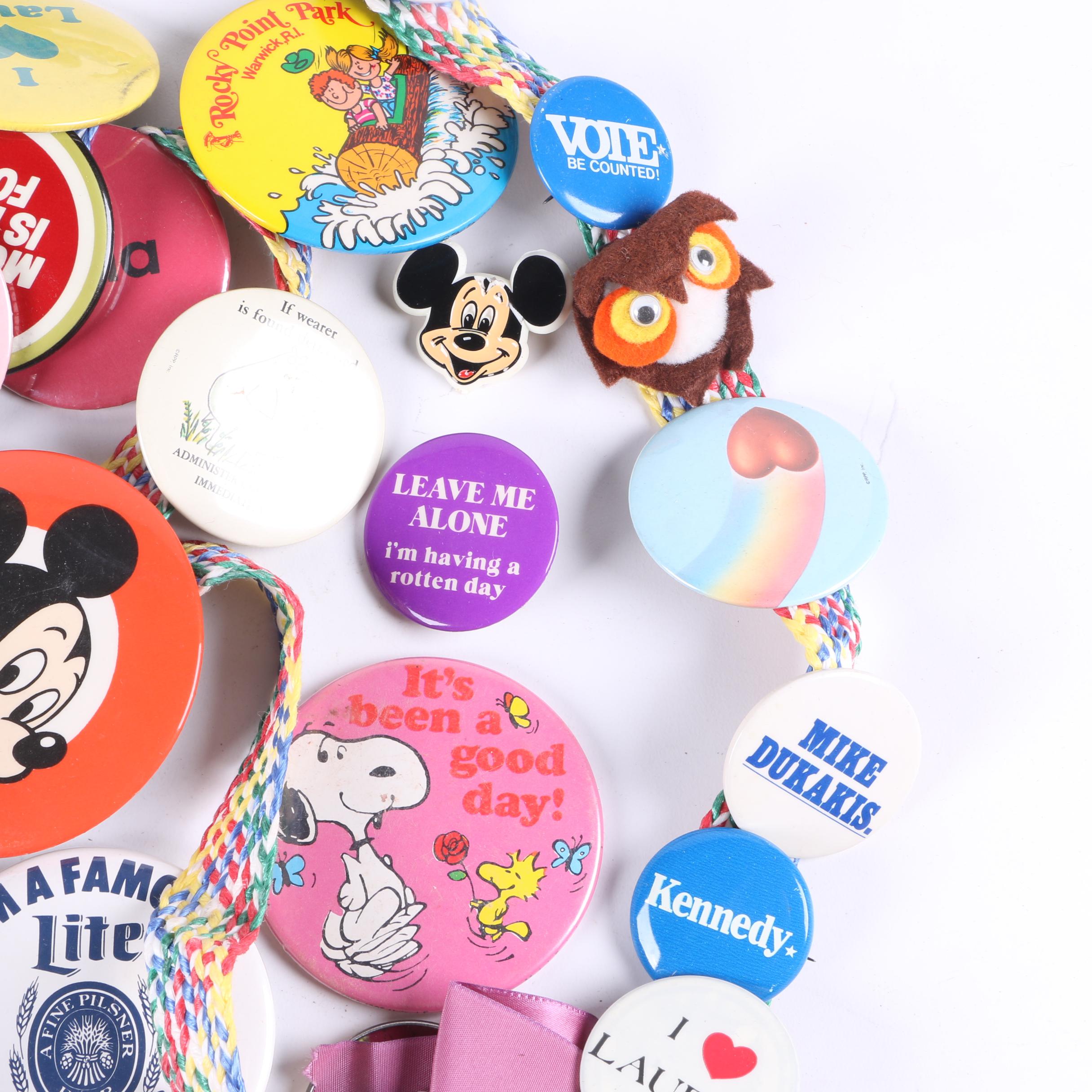 Vintage Pinback Buttons Including Political, Disney, Miller Brewing And More