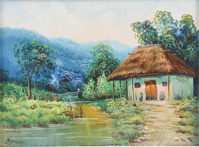 M. Afrazi Oil Painting of a Straw-Roofed House