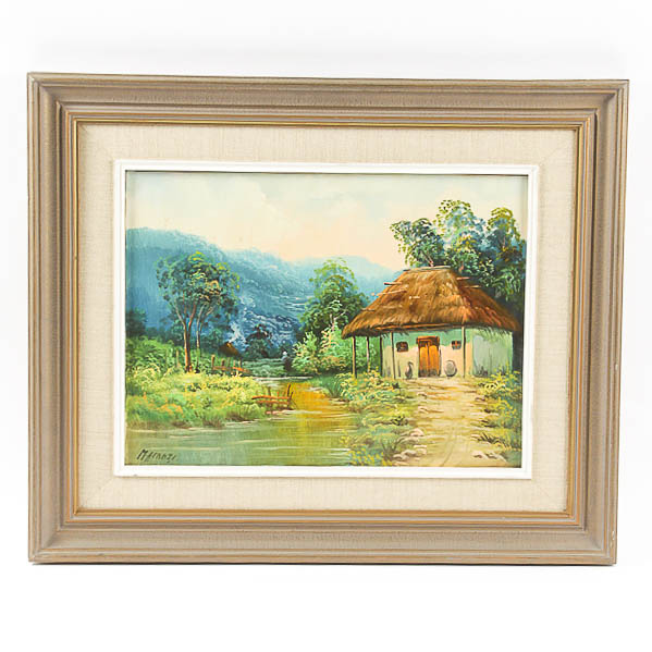M. Afrazi Oil Painting of a Straw-Roofed House