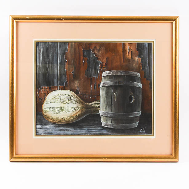 C.G. Blaylock Watercolor Painting of a Gourd and Barrel