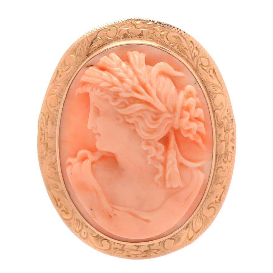 Vintage 1920s 14K Yellow Gold Pale Pink Coral Cameo