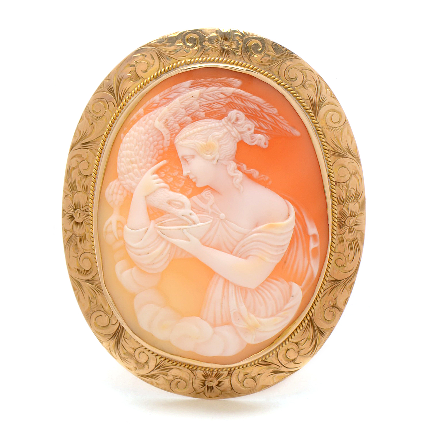 Antique 10K Yellow Gold Carved Helmet Shell Cameo Pendant Brooch