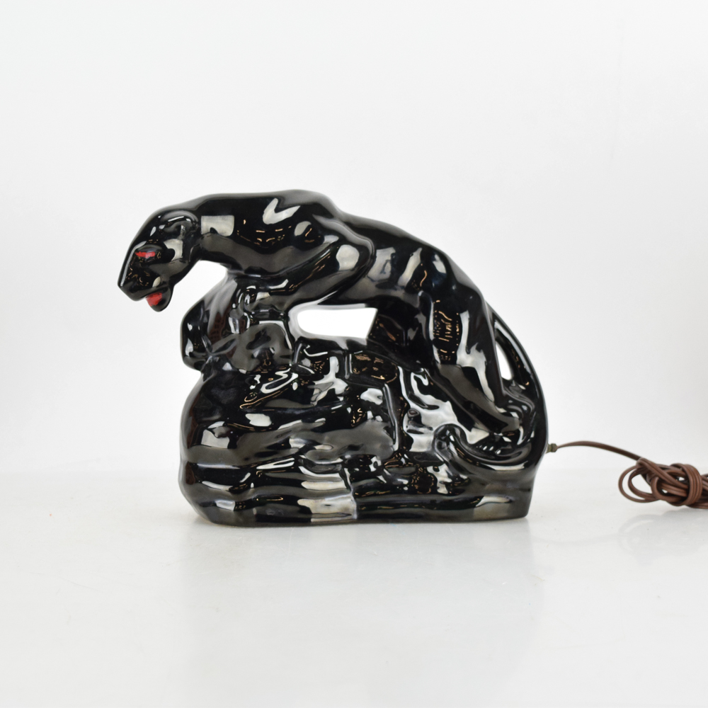 Vintage Mid-Century Ceramic Black Panther Television Lamp