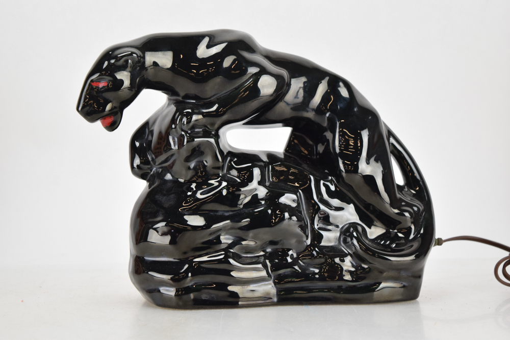 Vintage Mid-Century Ceramic Black Panther Television Lamp