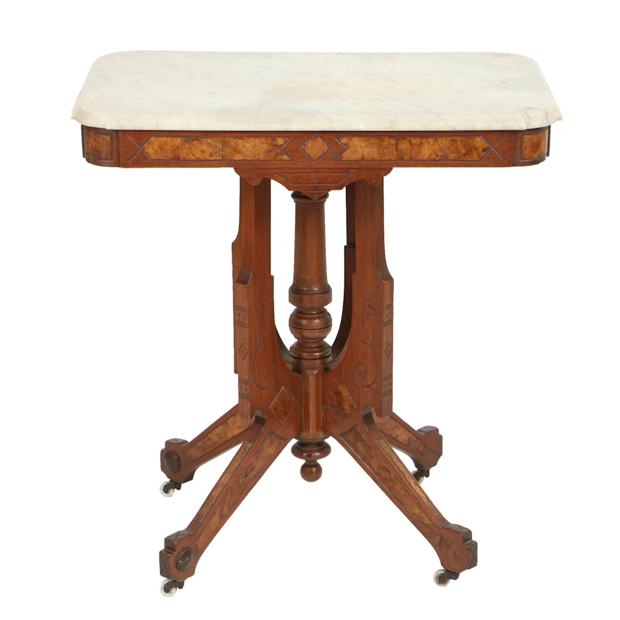 Antique Victorian Eastlake Parlor Table with Marble Top, Circa Late 19th Century