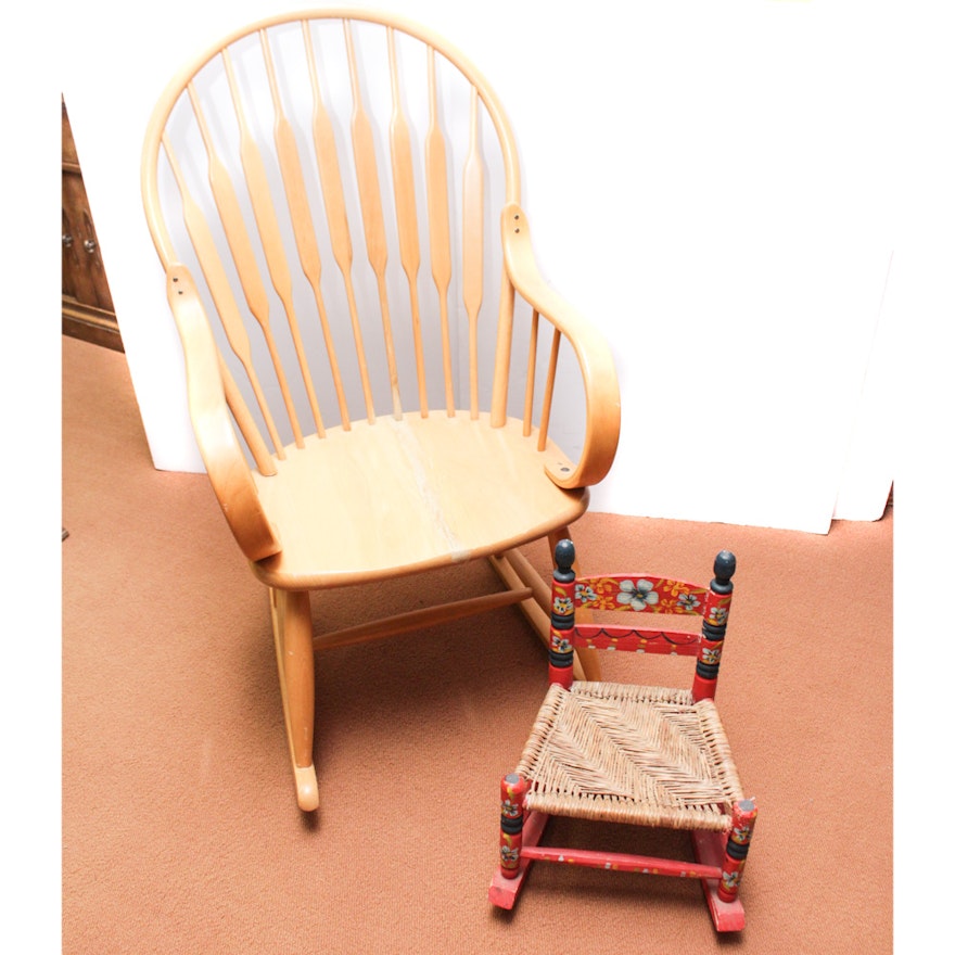 Kipp Stewart Style Rocking Chair and Hand Painted Child Sized Rocking Chair
