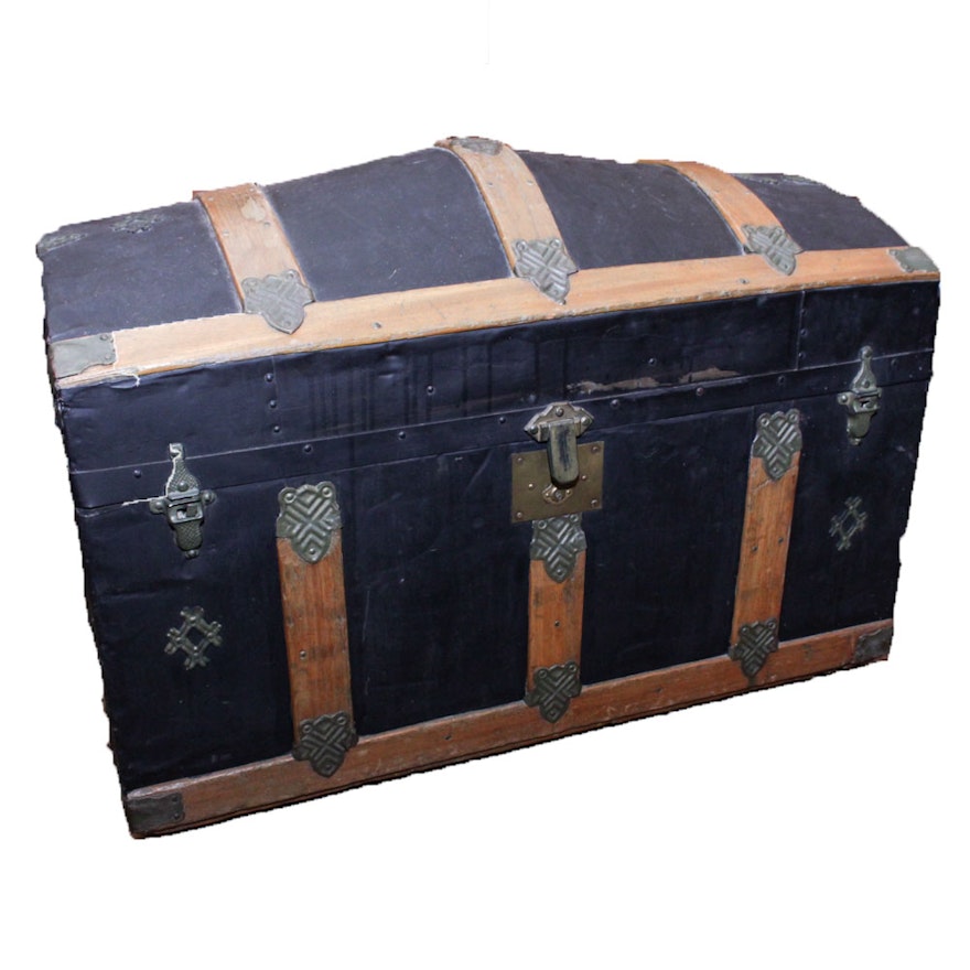 Vintage Oak and Metal Dome Top Steamer Trunk