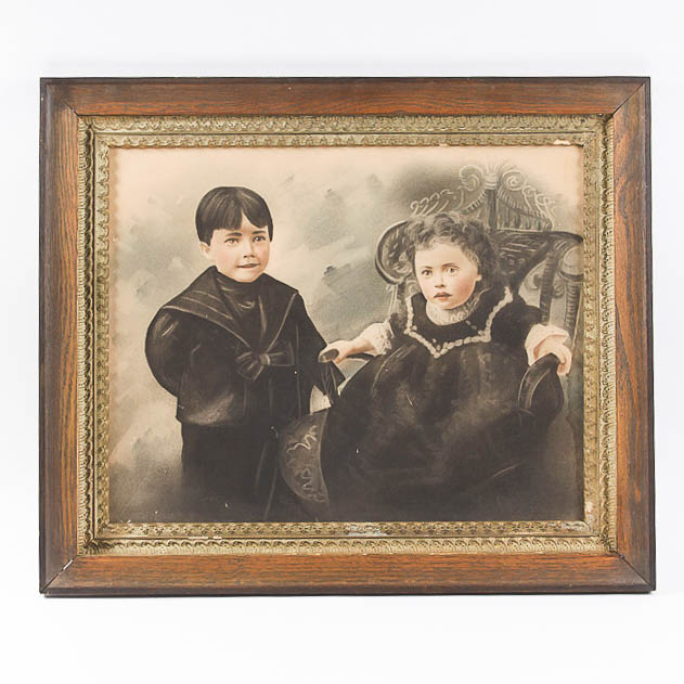 Antique Framed Tinted Watercolor Portrait of Two Children