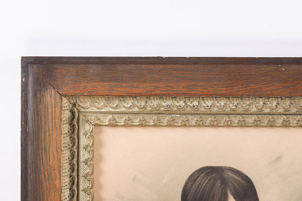 Antique Framed Tinted Watercolor Portrait of Two Children