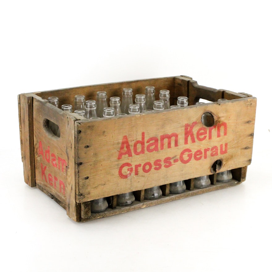 Vintage Adam Kern Wood Crate and Soda Bottles