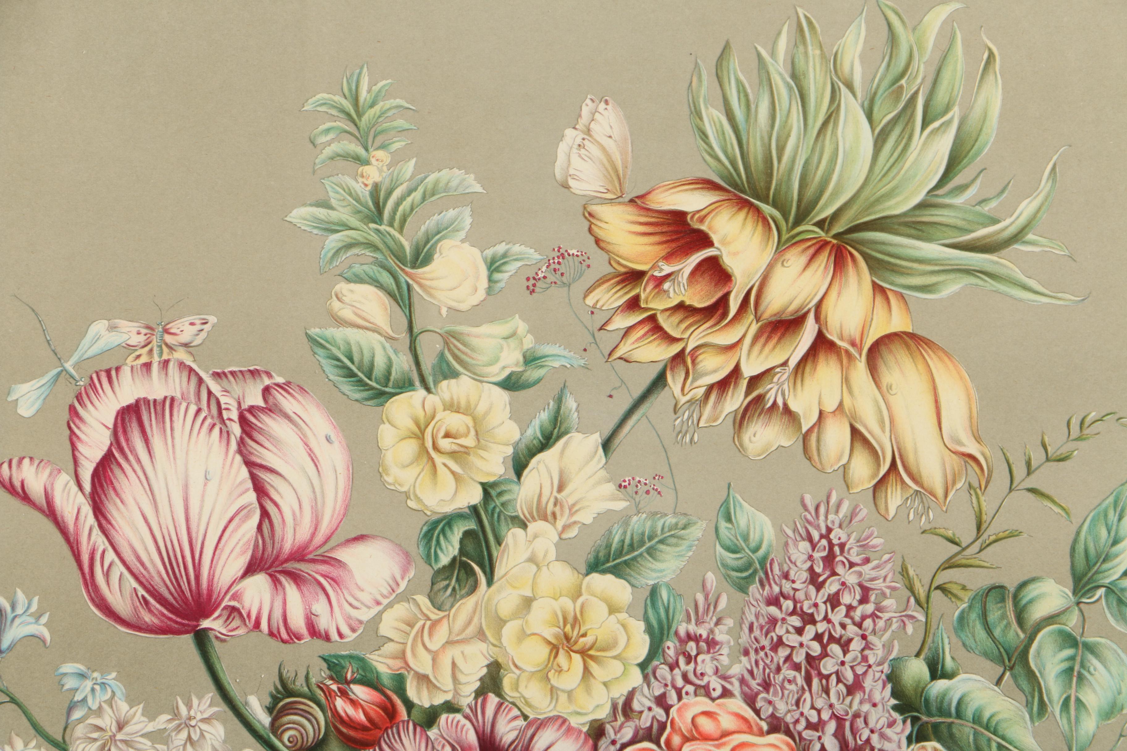 Color Lithograph After Joseph Nigg Still Life of Flowers