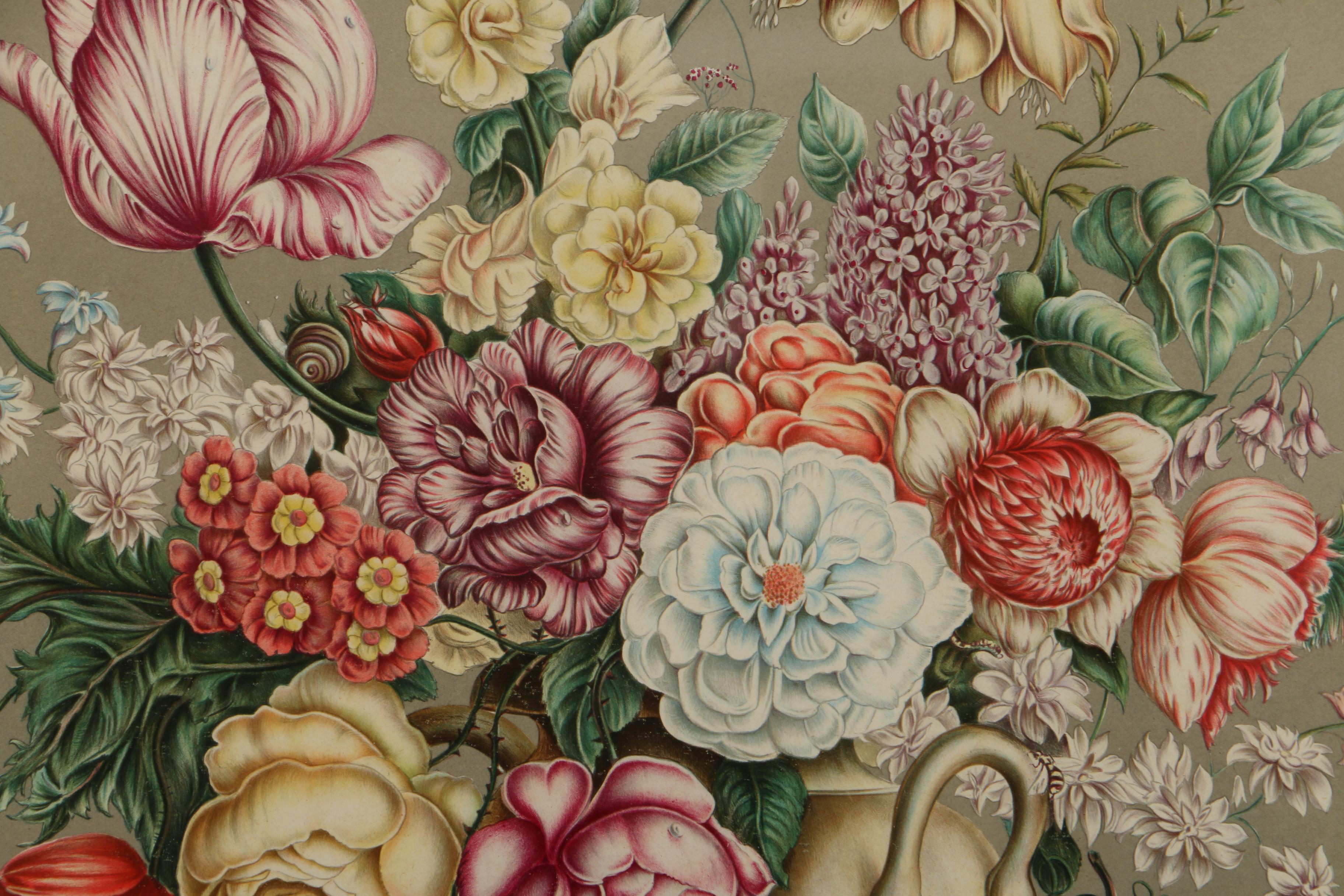 Color Lithograph After Joseph Nigg Still Life of Flowers