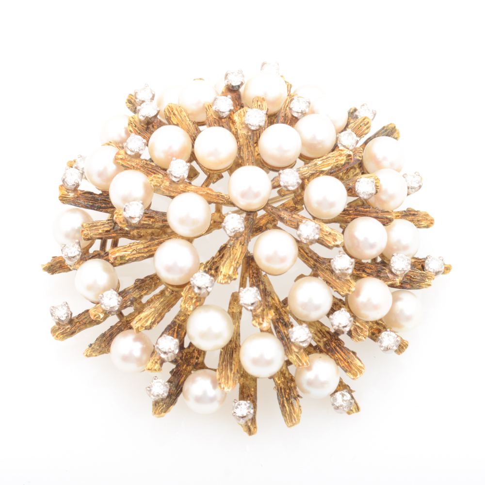 Jack Gutschneider 14K Yellow Gold Pearl and 2.50 CTW Diamond Brooch