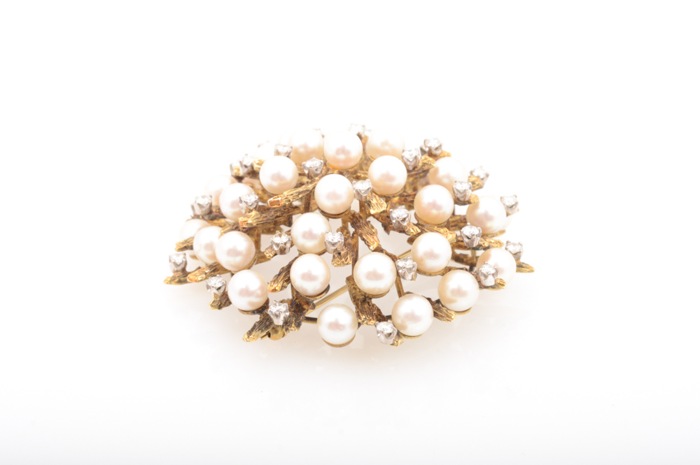 Jack Gutschneider 14K Yellow Gold Pearl and 2.50 CTW Diamond Brooch