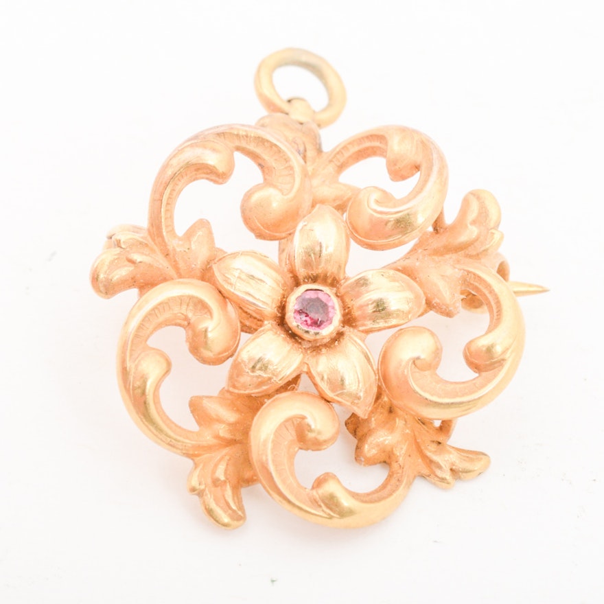 14K Yellow Gold Synthetic Ruby Convertible Brooch Pendant