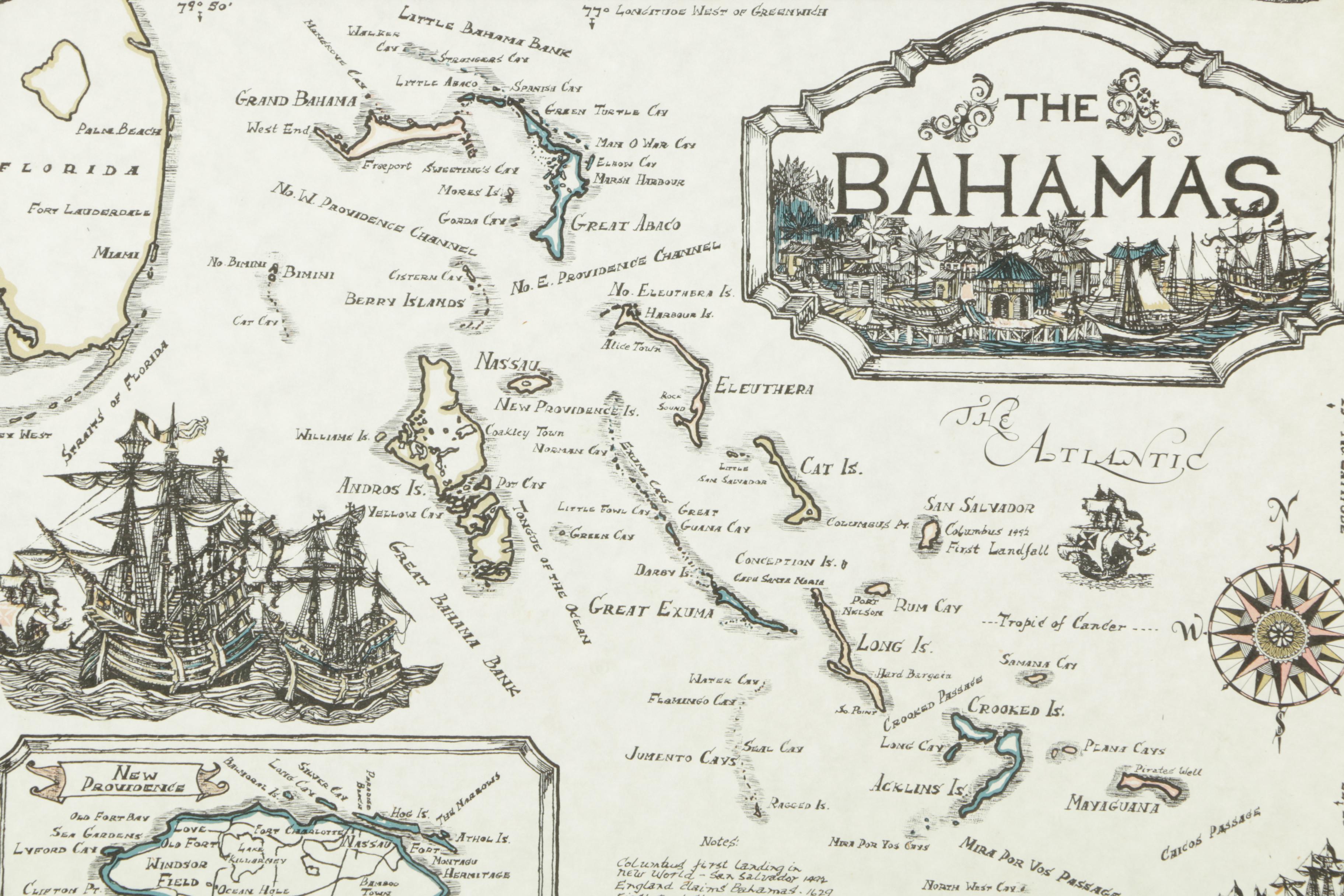 Lithographic Map on Paper "The Bahamas"