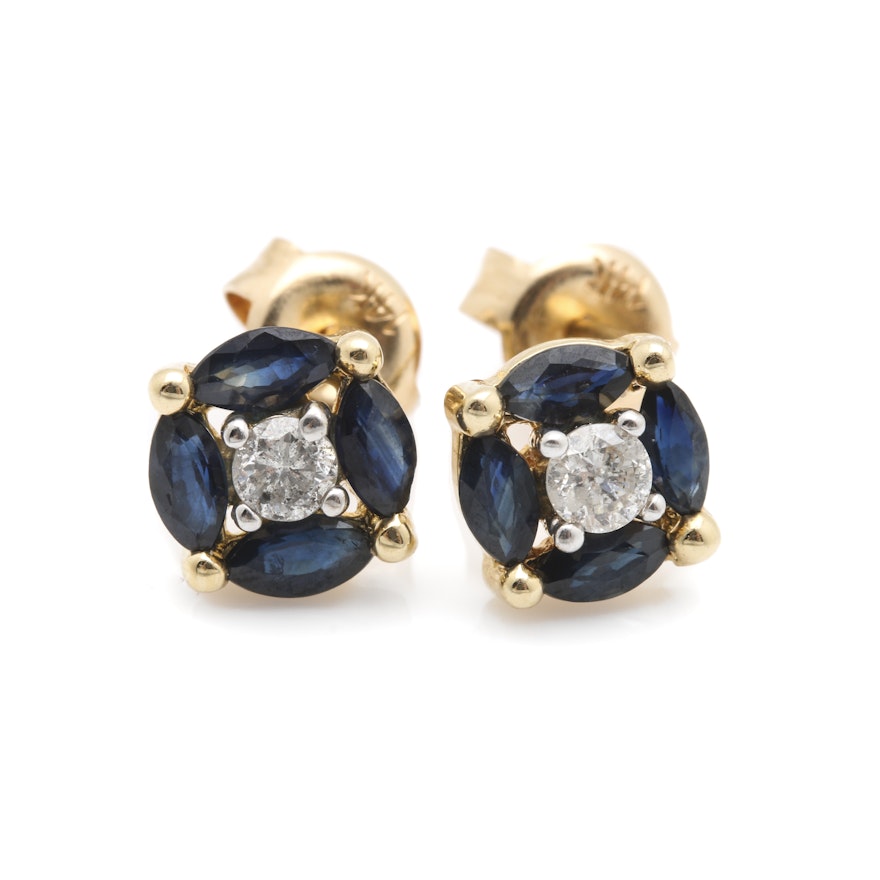 14K Yellow Gold Diamond and Sapphire Earrings