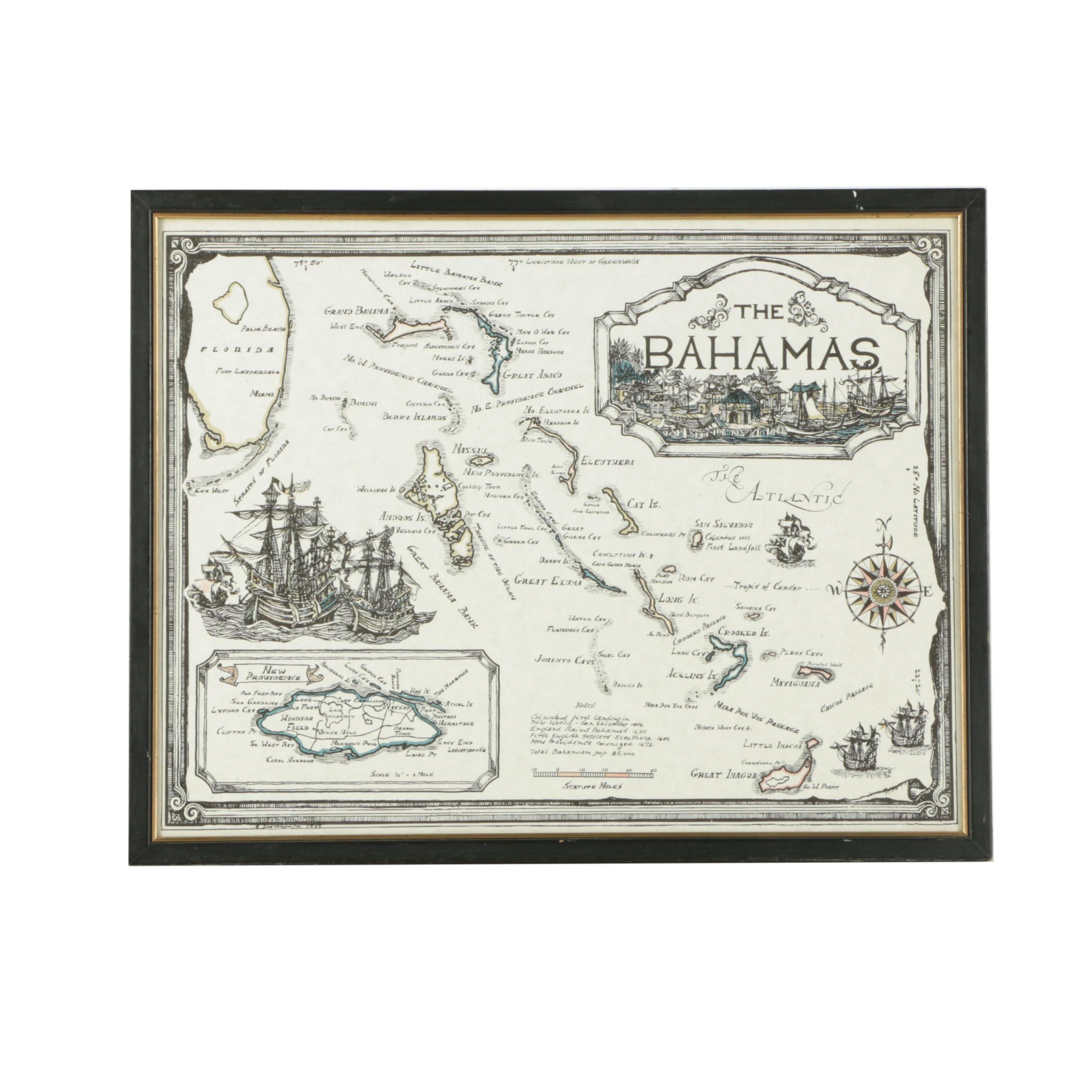 Lithographic Map on Paper "The Bahamas"