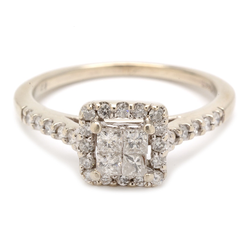 14K White Gold Princess Cut Diamond Cluster Ring