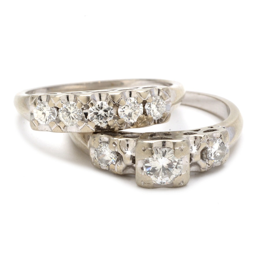Vintage 14K White Gold Diamond Wedding Ring Set